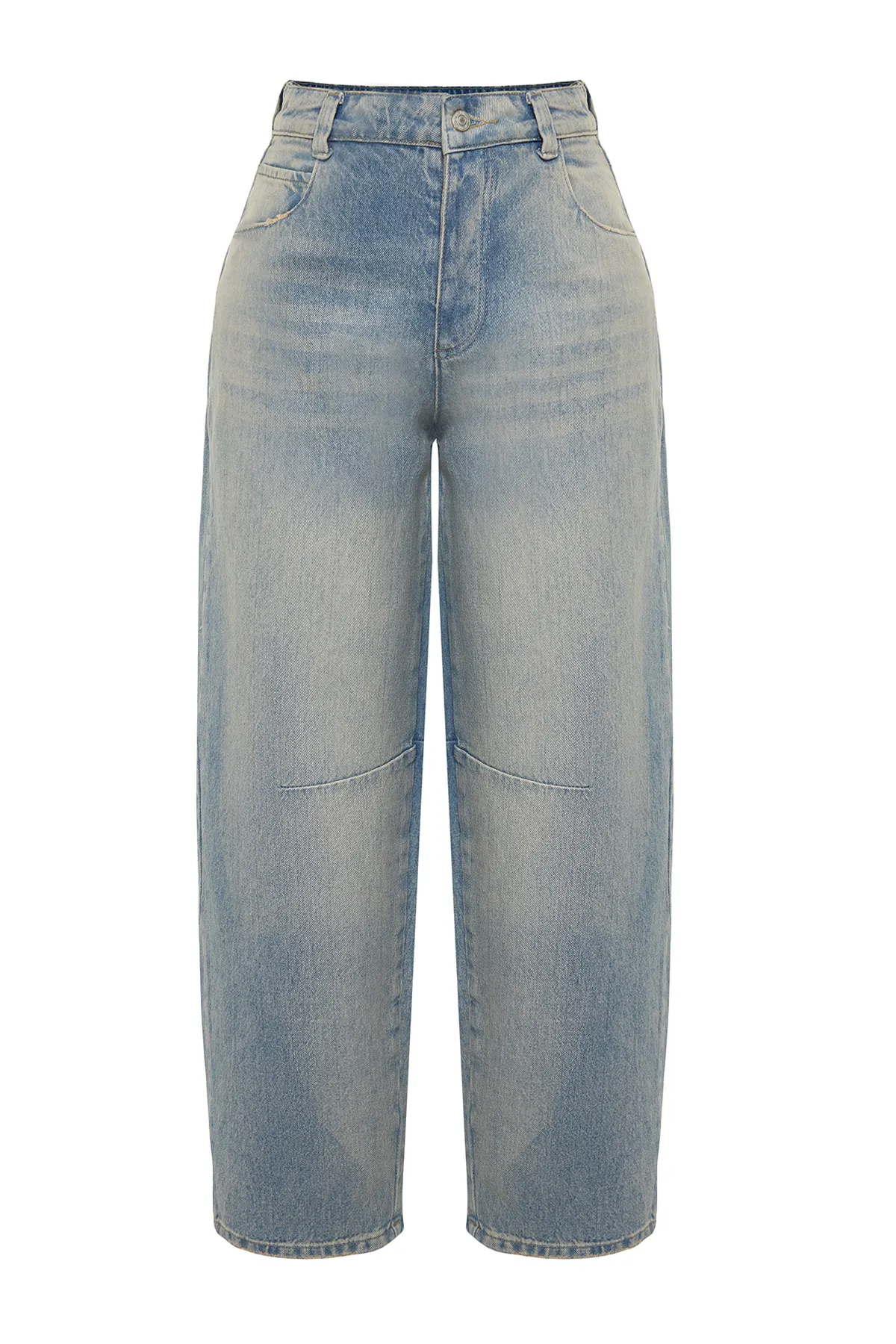 Trendyol Collection  Blaue, mit Nähten und Details versehene Barrel-Jeans mit hoher Taille TWOSS24JE00013