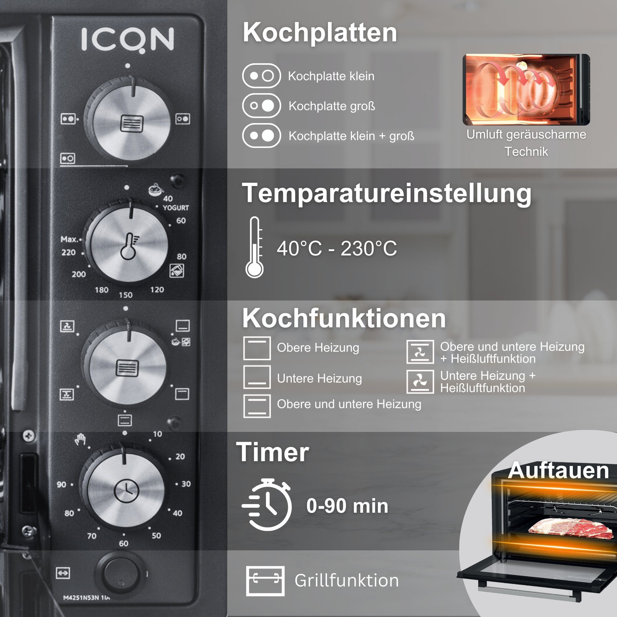 ICQN Minibackofen mit Kochplatten, 3800 W, inkl. Backblech Set, Emailliert, Umluft, Pizza-Ofen, Doppelverglasung, Drehspieß, Mini Ofen, 40°-230°C