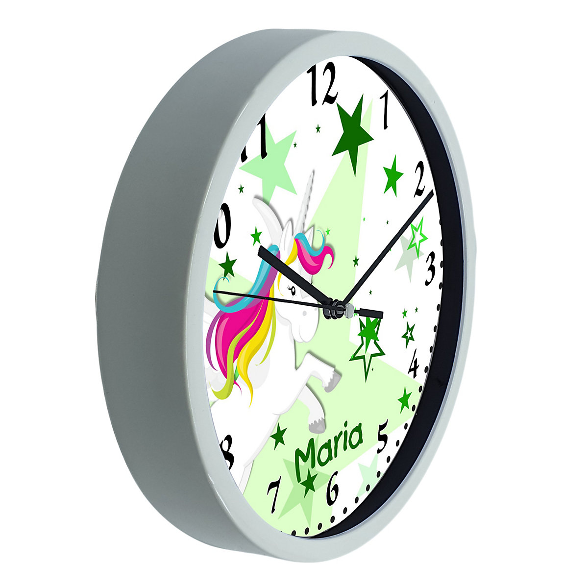 Kinder Wanduhr personalisiert mit Name Pegasus Sterne Grün