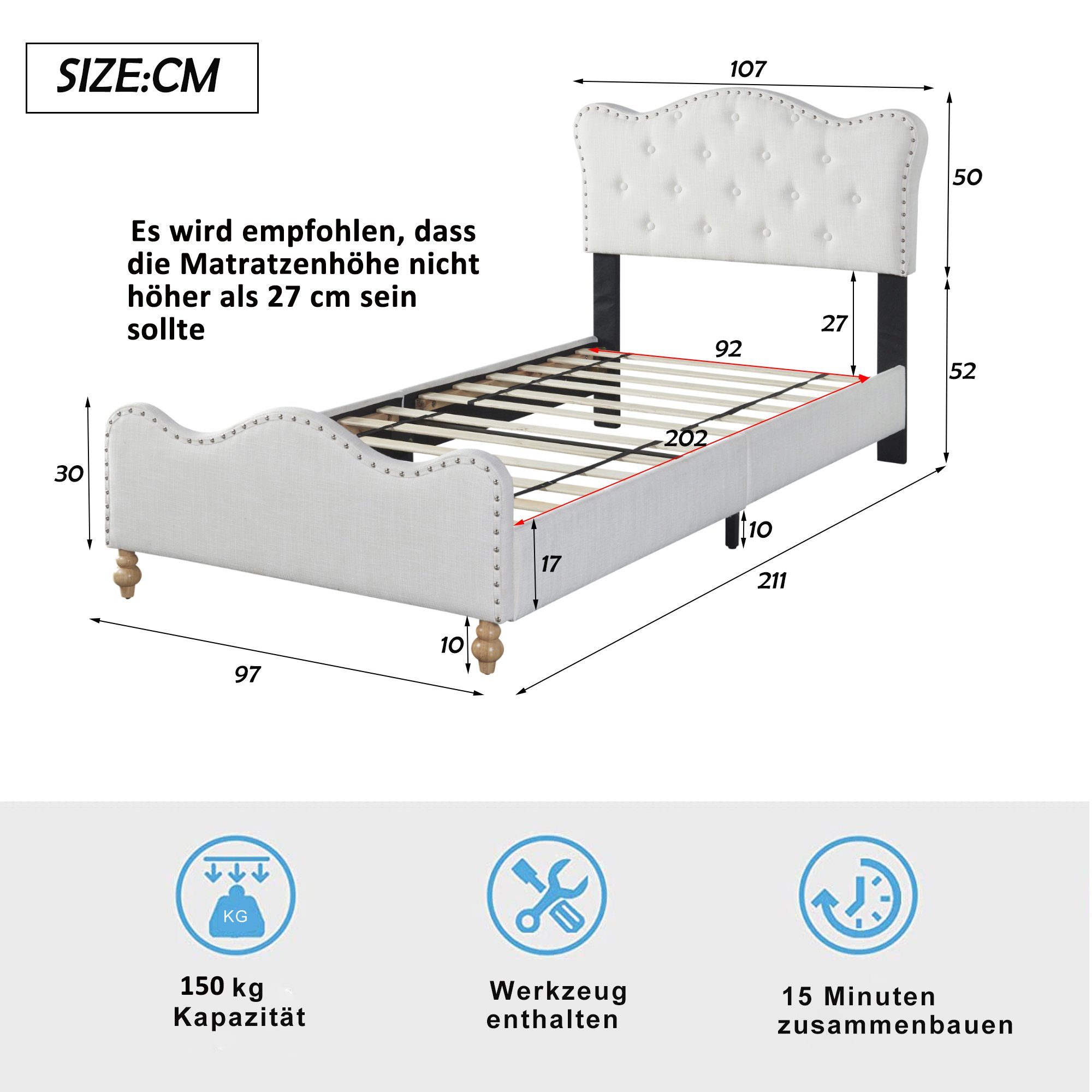Flieks Polsterbett, Leinen Kinderbett Einzelbett 90x200cm geschwungene Kopf- und Fußteil