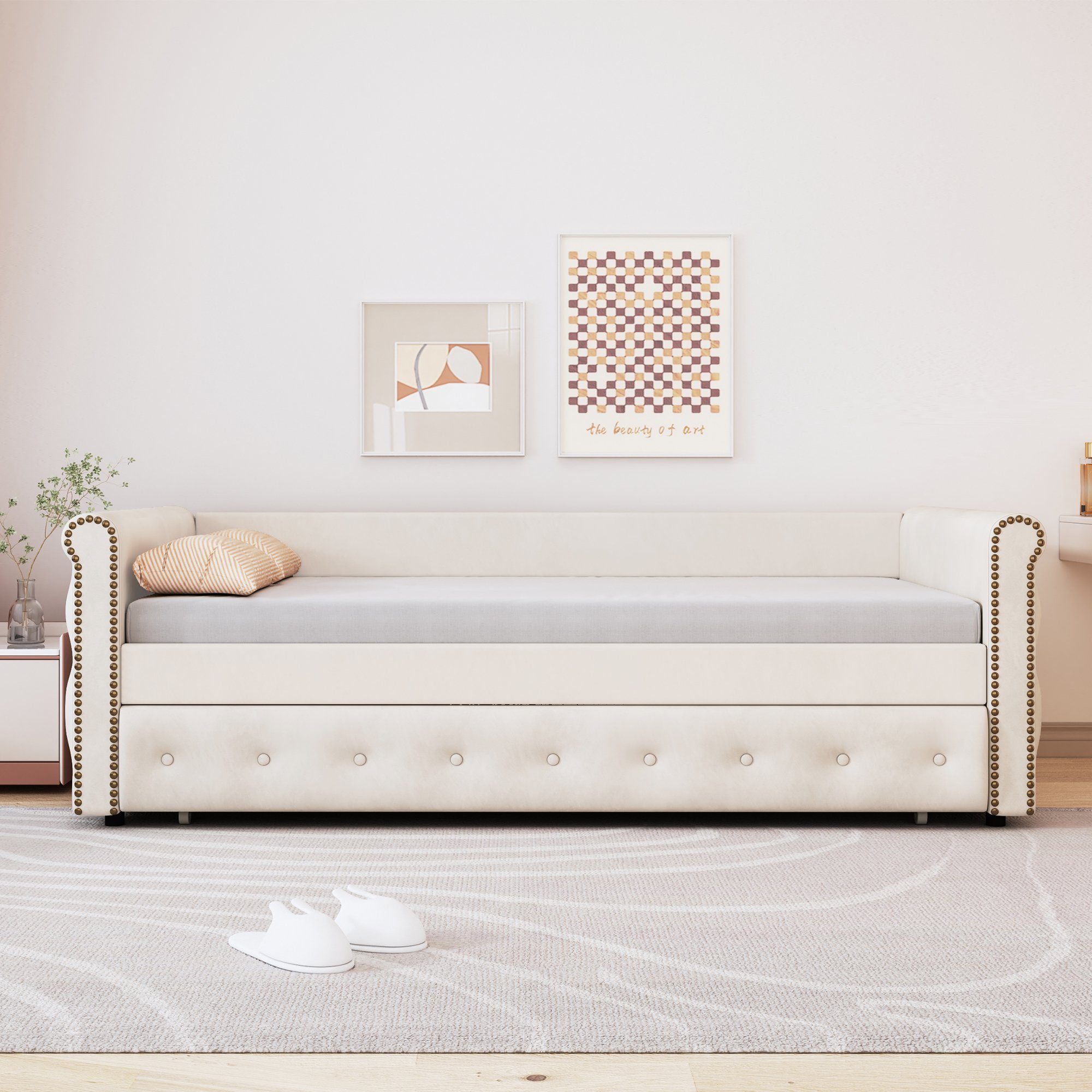SOFTWEARY Schlafsofa Einzelsofa mit Bettfunktion, Ausziehbett inkl. Lattenrost, 90x200 cm, Einzelbett, Jugendbett aus Holz, Bezug aus Samt