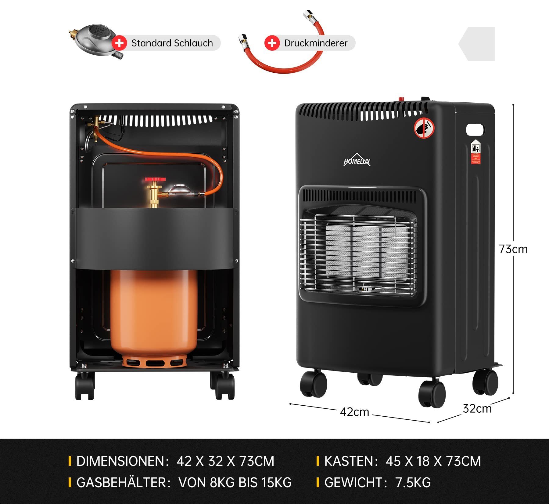HOMELUX Heizgerät Heizlüfter Gasheizung für Innenräume, Schlauch und Druckminderer, ODS,bis 15kg, 4200W, Infrarot Keramikbrenner, Heizstrahler