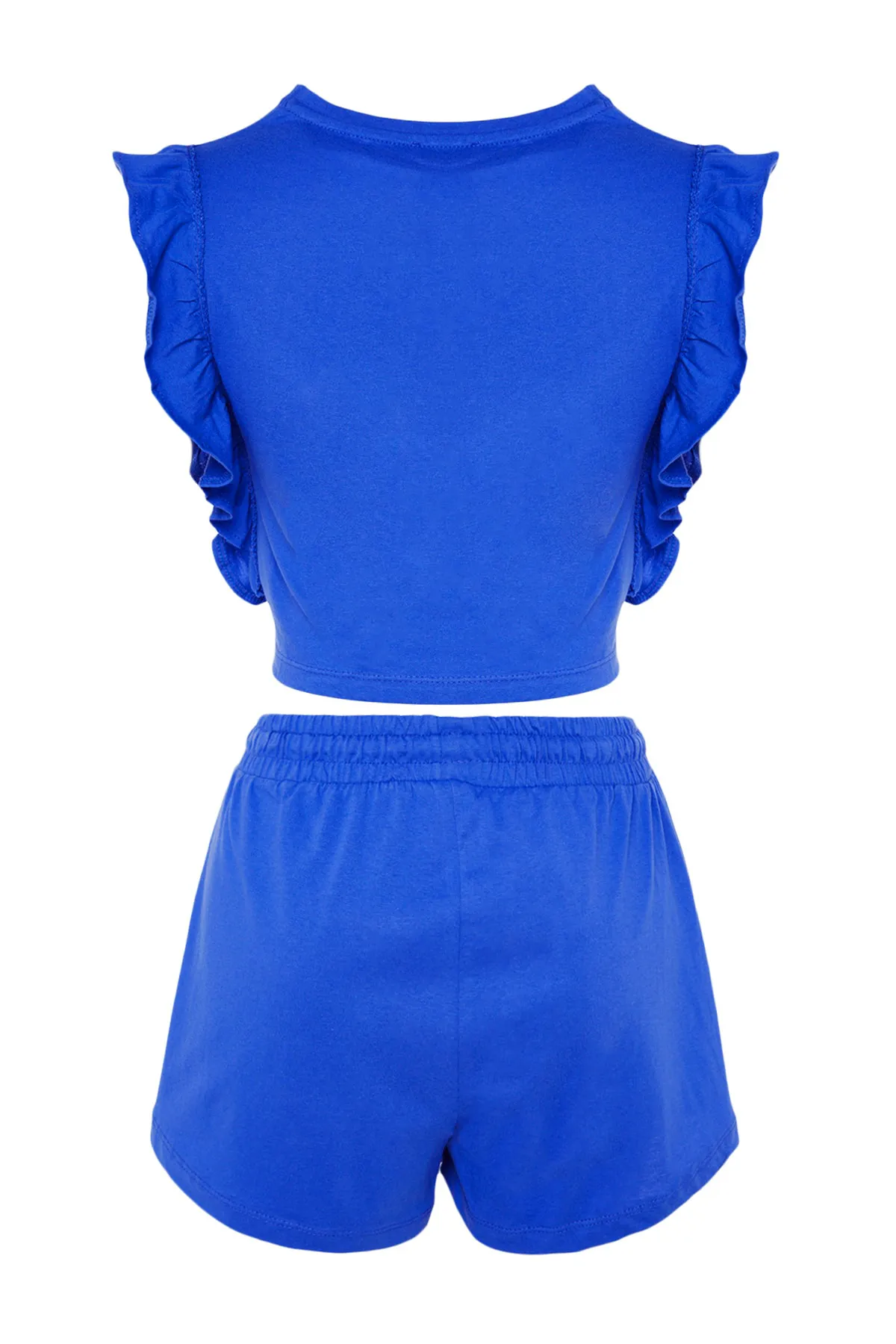 Trendyol Collection  Marineblaues Pyjama-Set aus T-Shirt und Shorts mit Rüschen, 100 % Baumwolle THMSS23PT00175