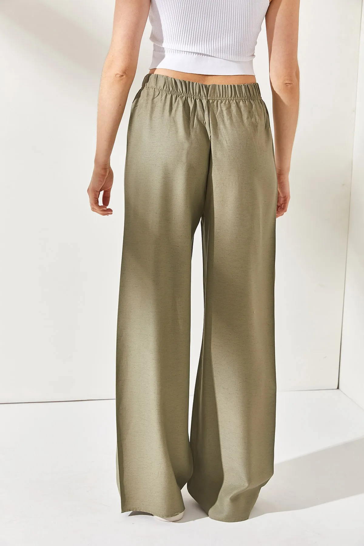 Olalook  Khakifarbene Palazzo-Leinenhose mit elastischem Bund und Schnürung für Damen PNT-19000219