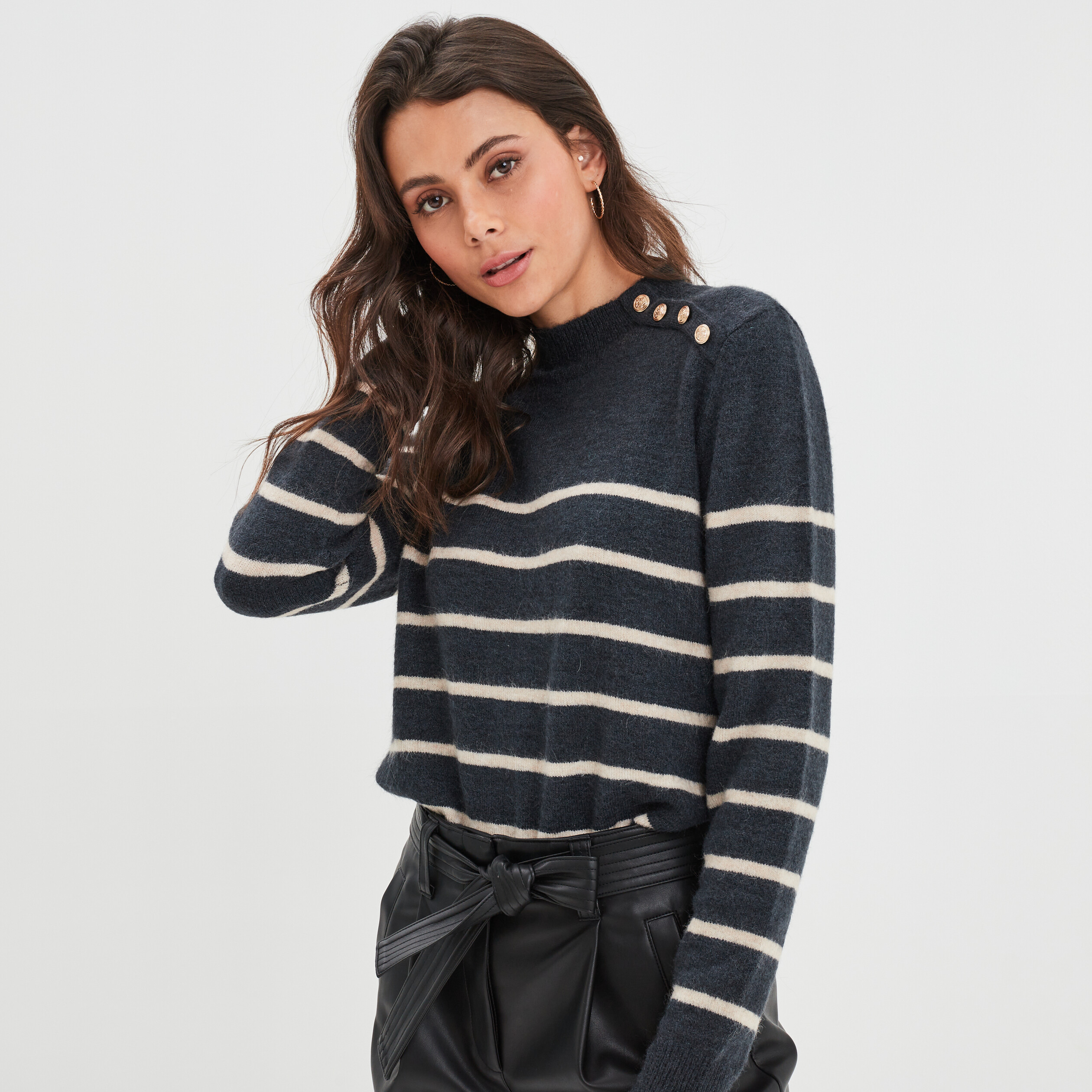 Pull marinière boutons à l'épaule bleu marine femme | La Halle