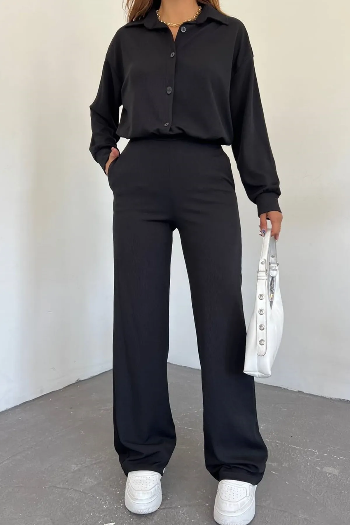 lovebox  Damen-Seersucker-Oversize-Design-Hemd und Hose, schwarzer Doppelanzug 10786