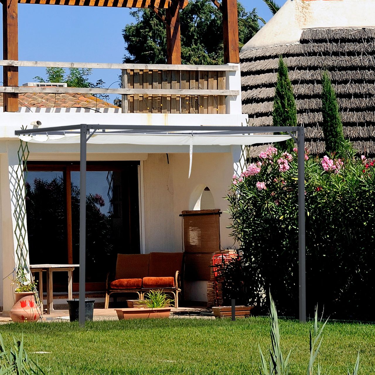 Outsunny Pergola 3 x 3 m mit Stoffdach wetterfest Wand Anbau Polyester Creme