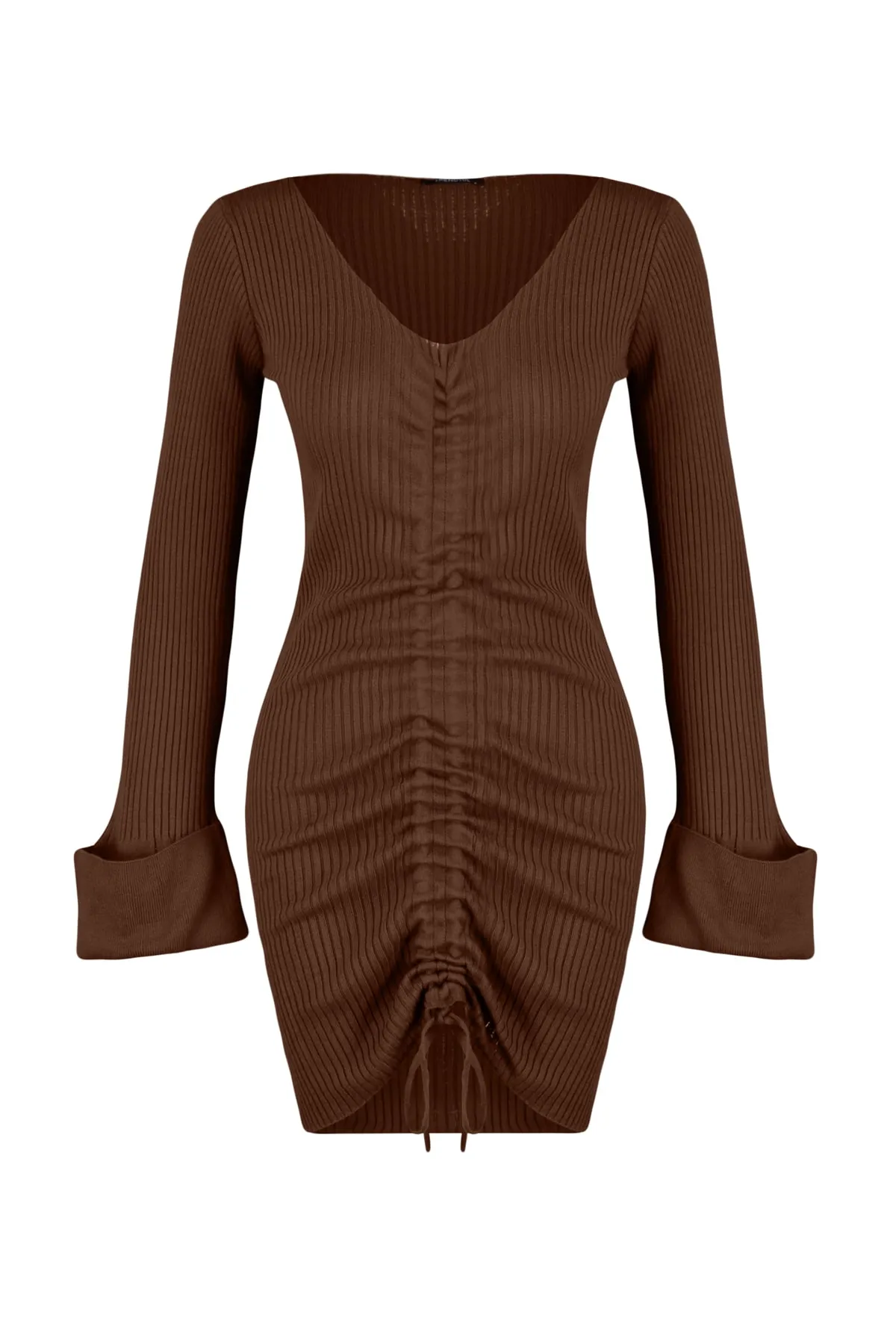 Trendyol Collection  Braunes Mini-Strickkleid mit V-Ausschnitt TWOAW22EL0564