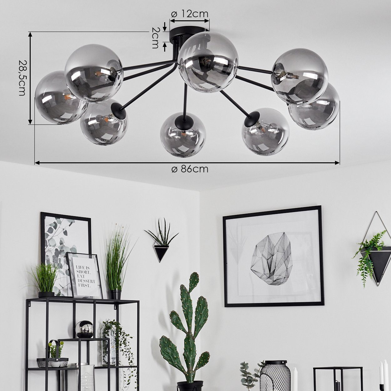 hofstein Deckenleuchte Garaguso moderne Deckenlampe aus Metall/Glas in Schwarz/Rauchfarben, ohne Leuchtmittel, Leuchte im Retro/Vintage-Design mit Schirmen aus Rauchglas, 8xG9