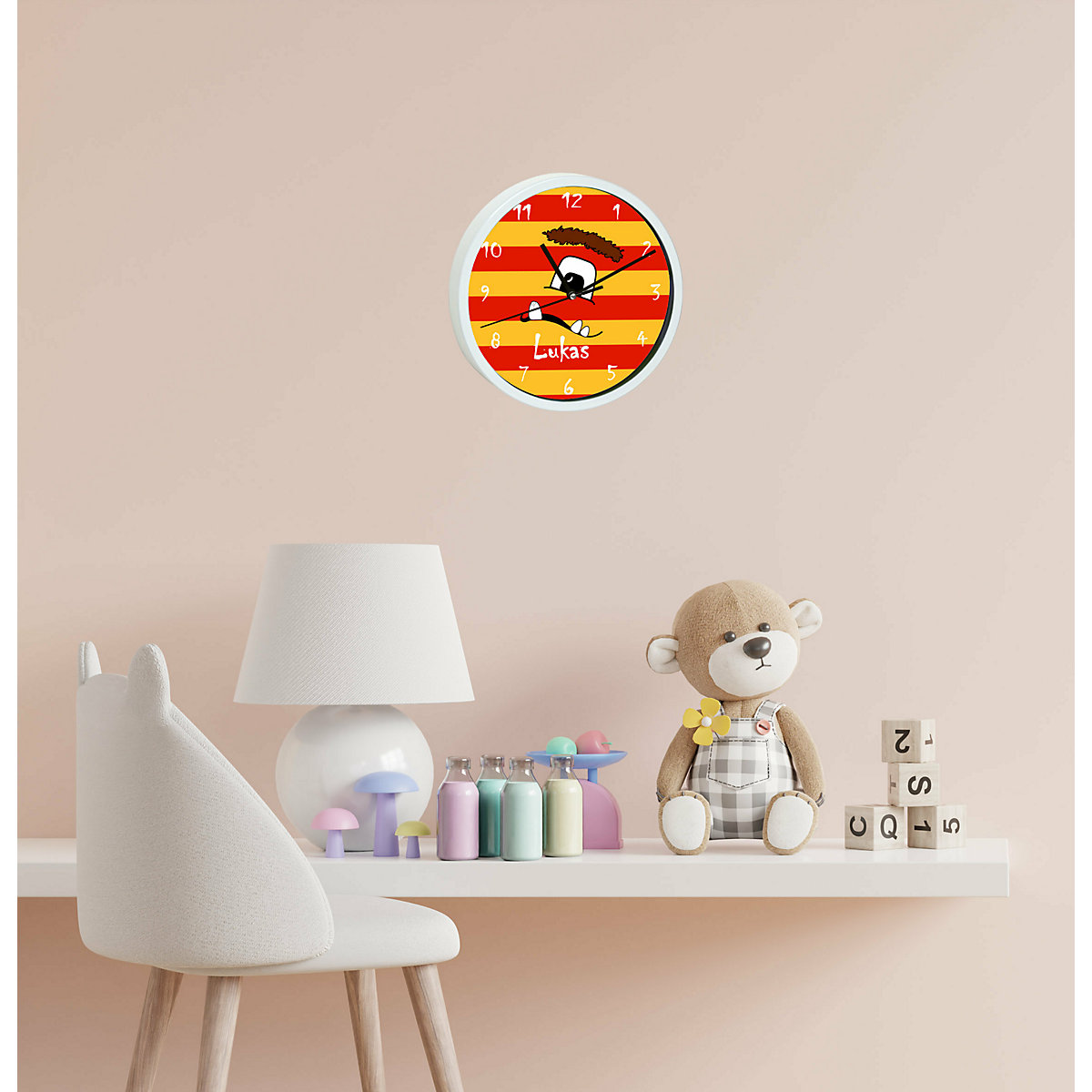 Kinder Wanduhr personalisiert mit Name Monster Streifen rot gelb