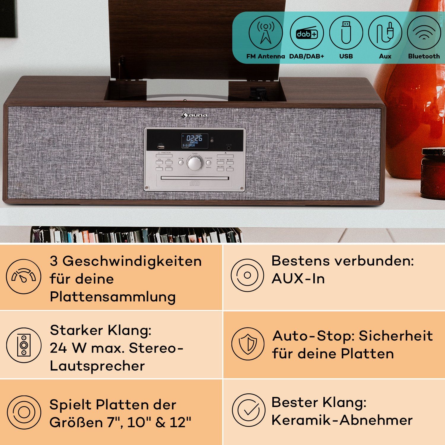 Auna Julie Ann Plattenspieler (Riemenantrieb, Bluetooth;CD, Schallplattenspieler mit Lautsprecher Radio Vinyl Plattenspieler)