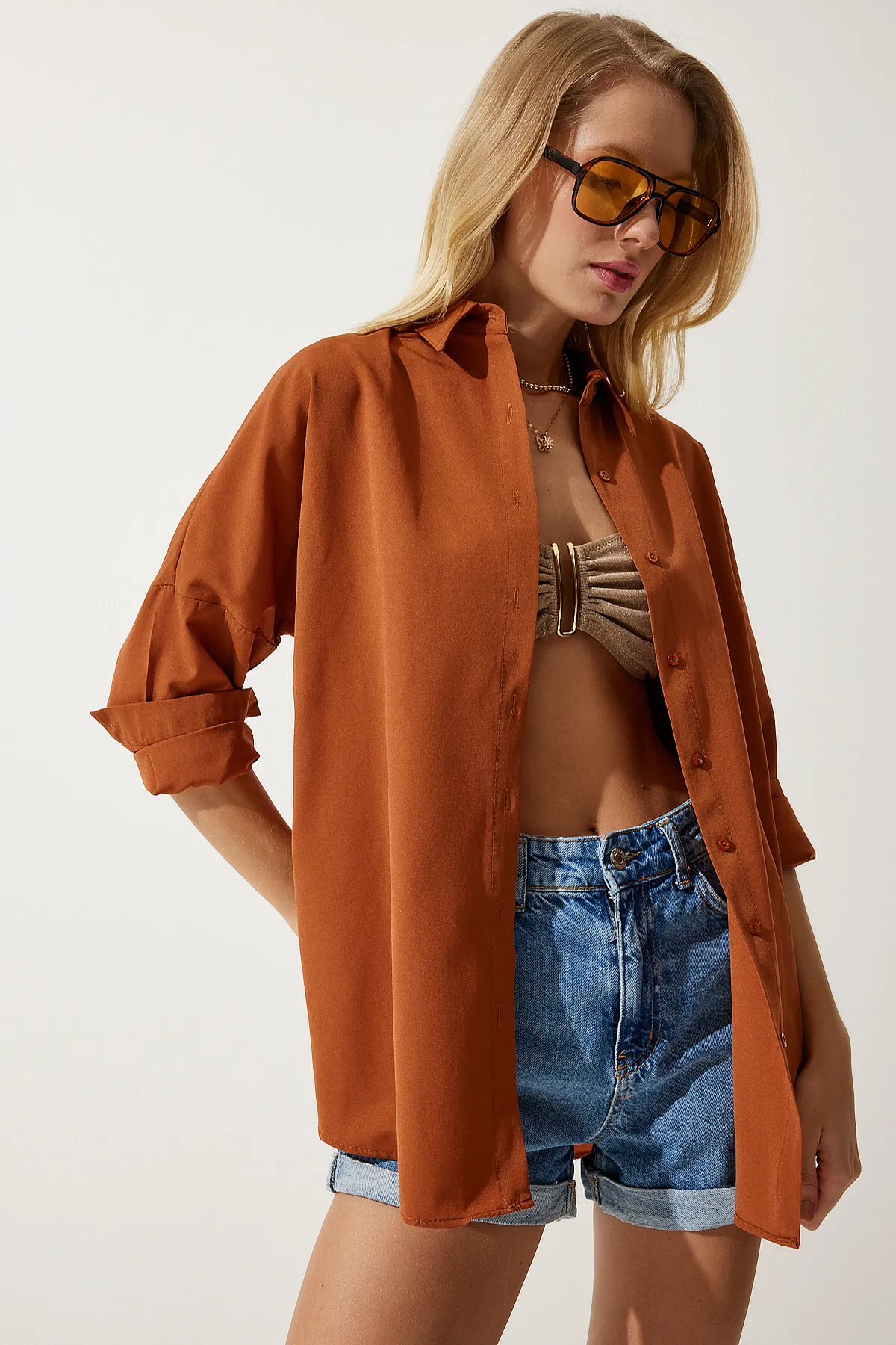 Happiness İstanbul  Damen Oversized Long Basic Shirt Zimt DD00842