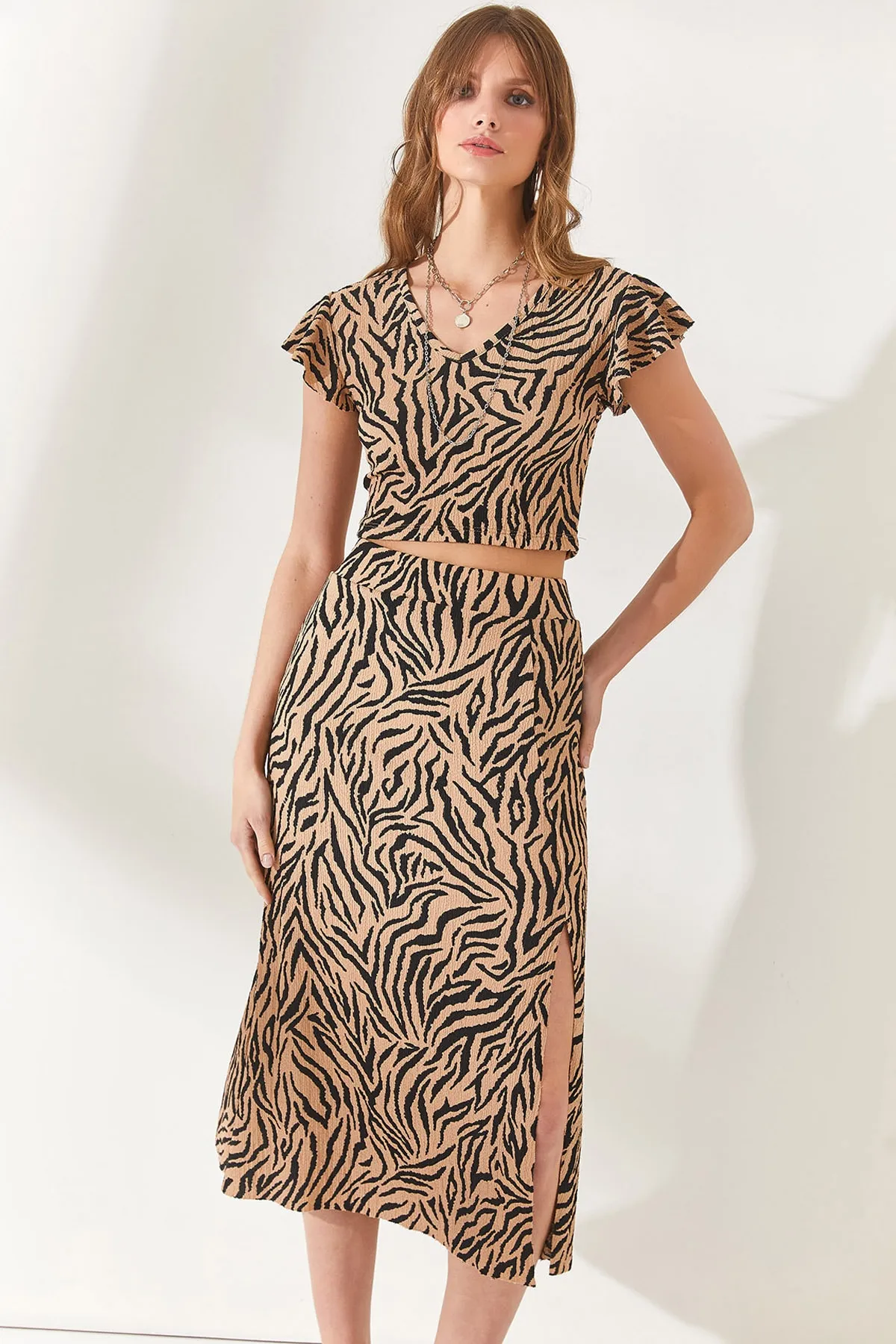 Olalook  Damen Kamel Zebra Top Bluse Unterteil Schlitz Rock Set TKM-19000198