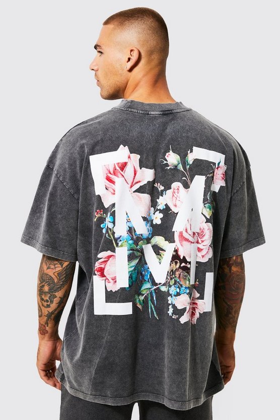 Oversize T-Shirt mit Acid-Waschung und floralem Print