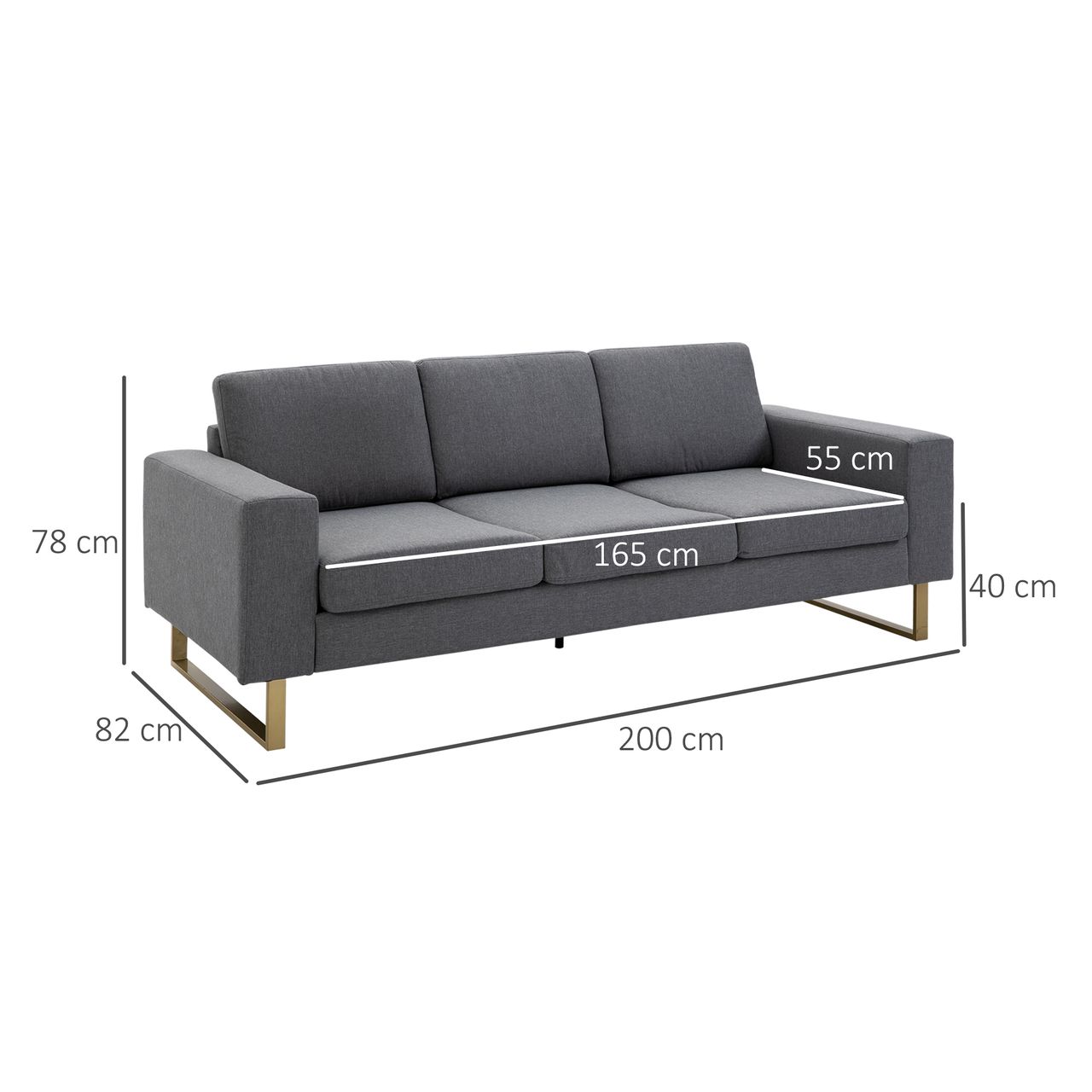 HOMCOM Polstersofa 3-Sitzer Sofa Stoffsofa Sitzmöbel Fernsehsessel Kissen Armlehne Leinen dunkelgrau 200 x 82 x 78 cm
