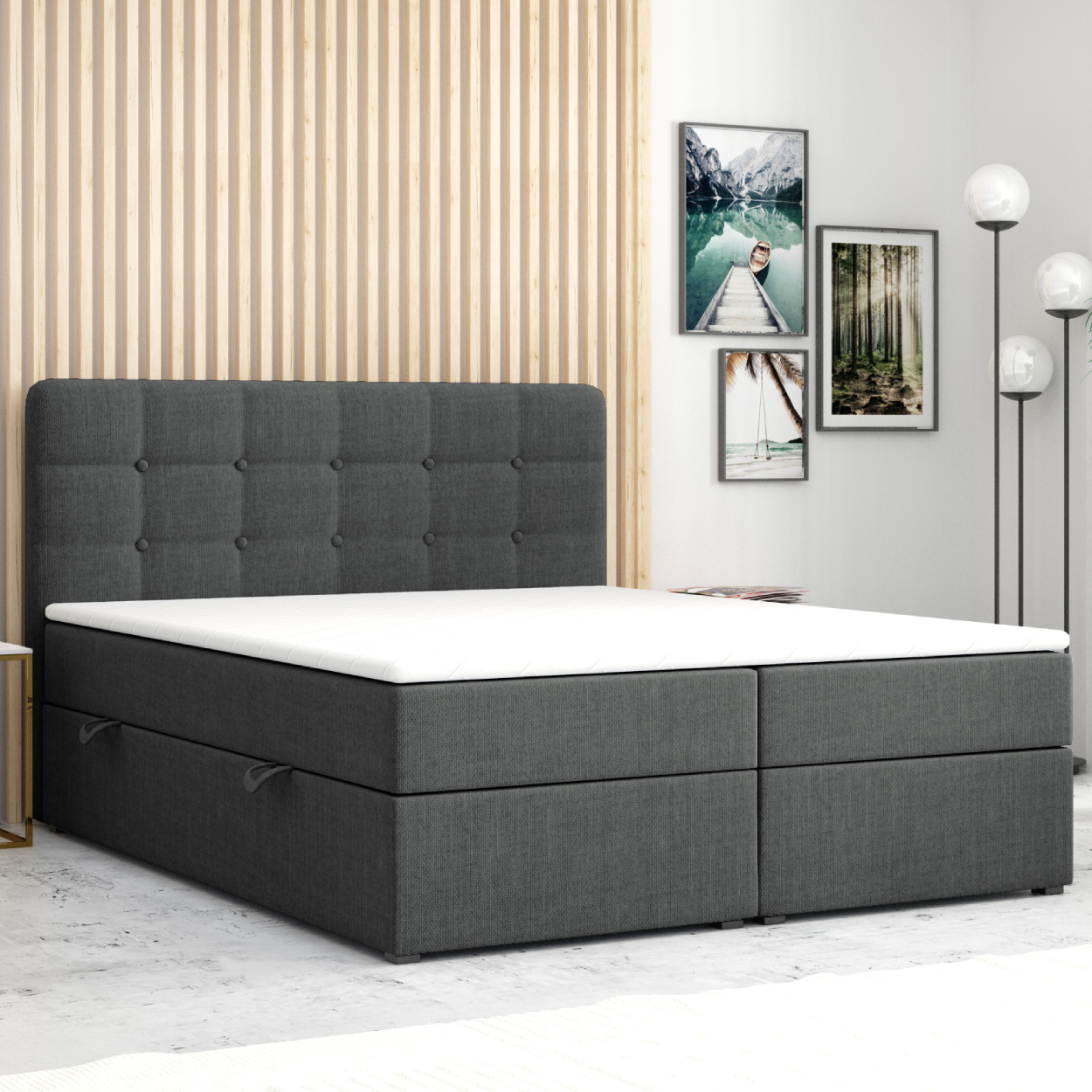 Möbel Punkt Boxspringbett PRAG Chesterfield mit Bettkasten 180 x 200 cm Webstoff Grau Anthrazit