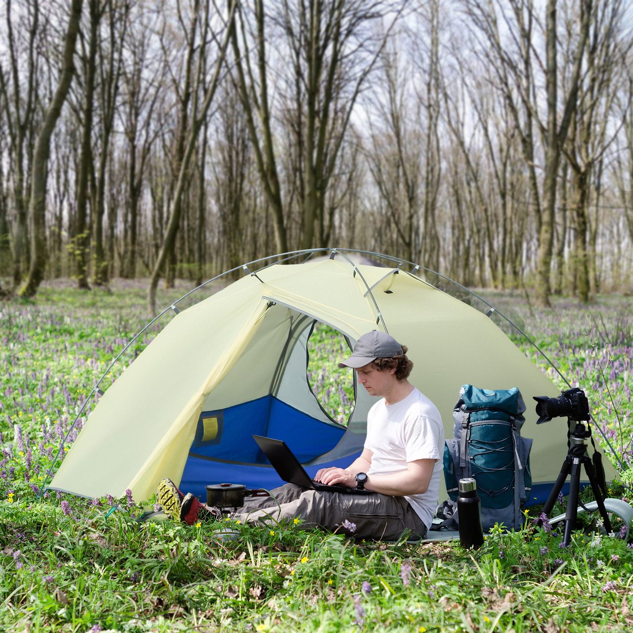 Outsunny Camping Zelt 2 Personen Zelt Kuppelzelt PU3000mm einfache Einrichtung für Trekking Festival leicht Aluminium Nylon Cremeweiß 230 x 140 x 110 cm