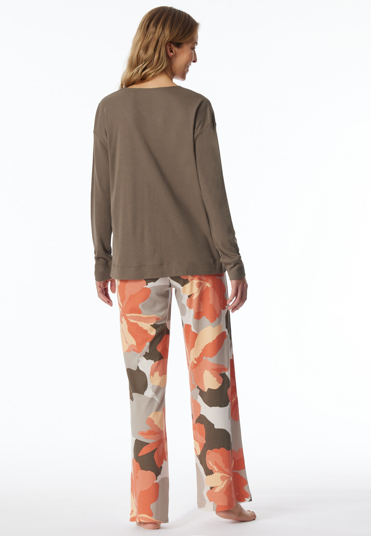 Schlafanzug lang Interlock taupe bedruckt - Modern Nightwear
