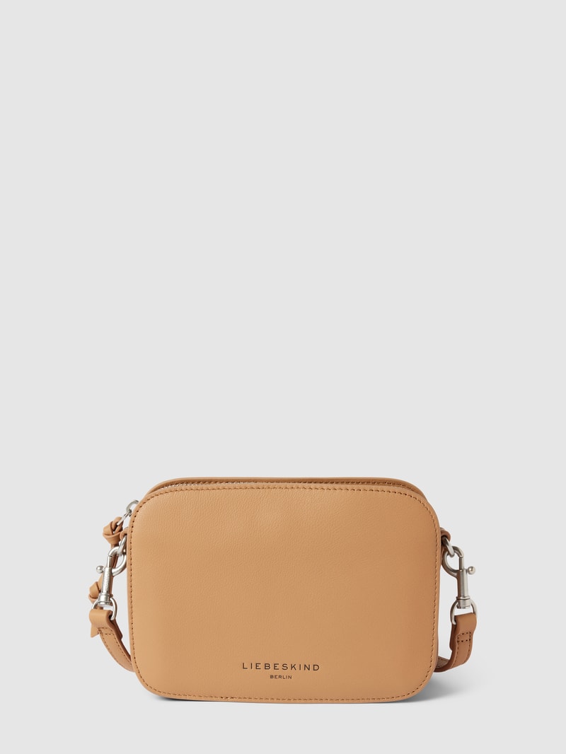 Handtasche aus Leder mit Label-Schriftzug in beige