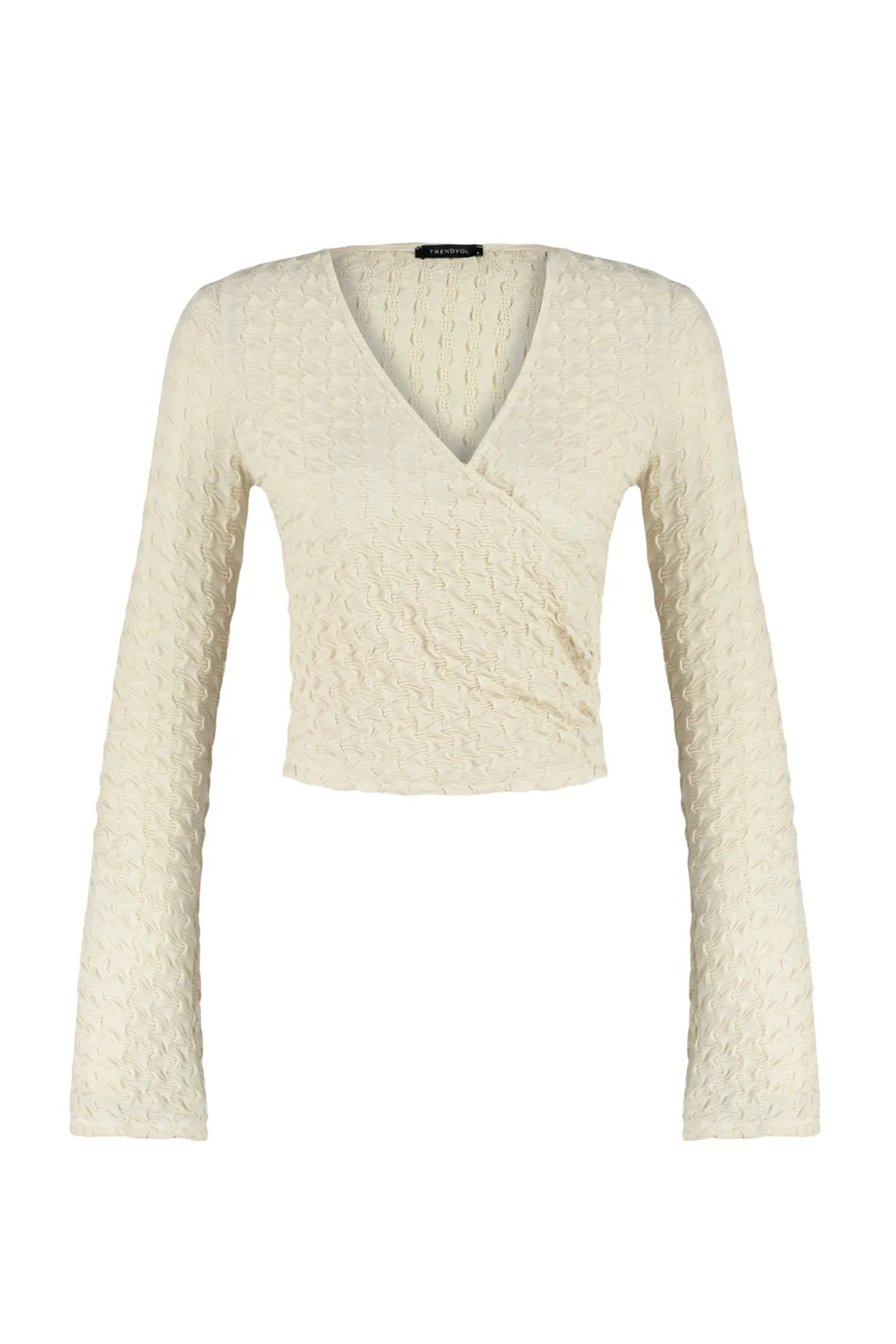 Trendyol Collection  Beigefarbene, zweireihige, bauchfreie Strickbluse aus strukturiertem Stoff mit normaler/normaler Passform und zweireihigem Ausschnitt TWOAW24BZ00088