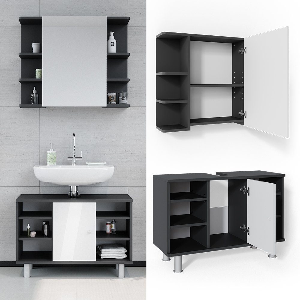 Vicco Badmöbel-Set Badezimmerset FYNN Weiß / Anthrazit Set 5, (2-er Set, 2-St., 2-er Set)