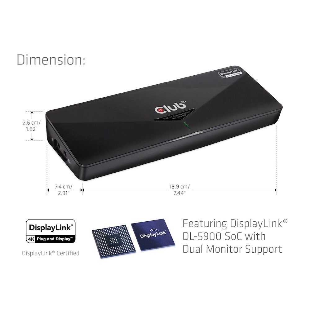 CLUB3D Laptop-Dockingstation Club3D 4K DualDisp. Dock.USB3 ->3xUSB3/HDMI/DP/DVI/ black retail
