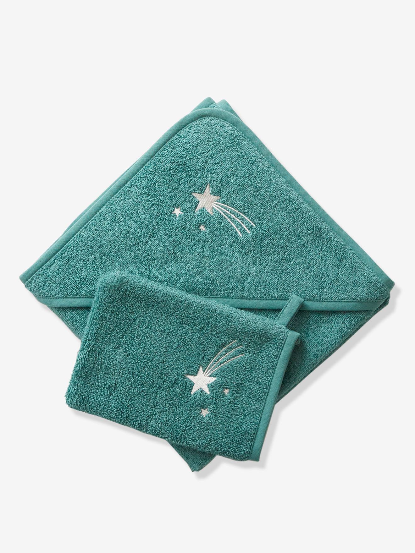Vertbaudet Baby Kapuzenbadetuch & Waschhandschuh Oeko-Tex, personalisierbar - blau