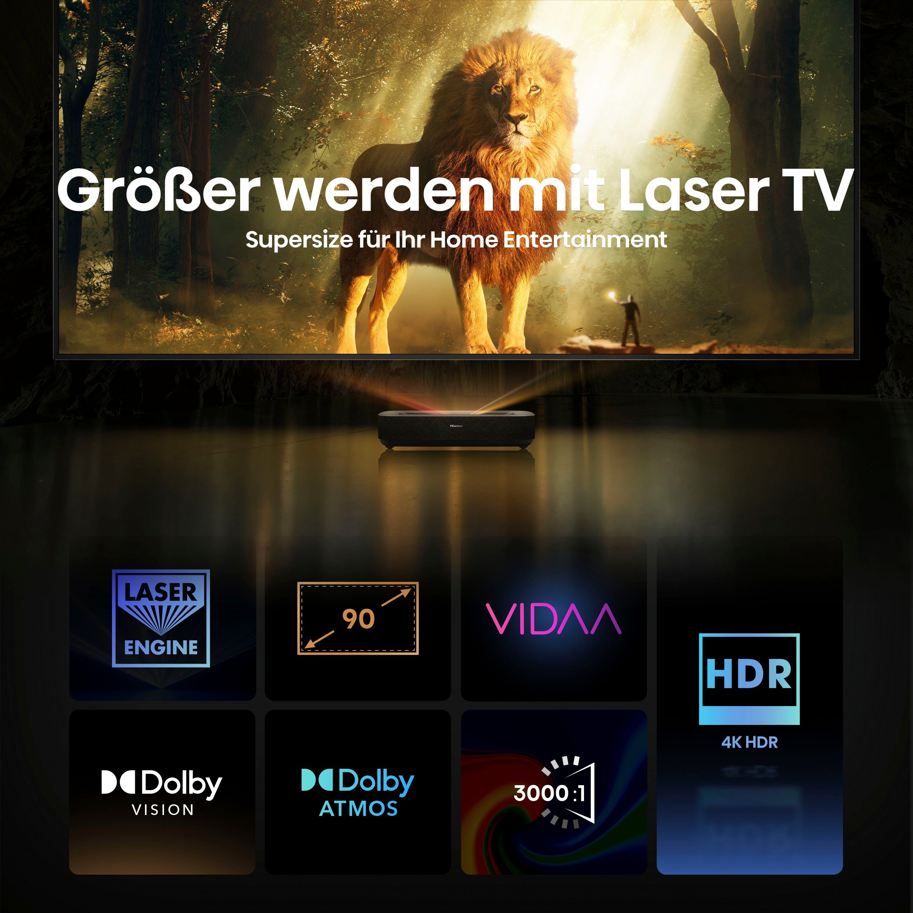 Hisense Hisense 90L5HD Daylight Screen (90 Zoll) Laser Projektor DLP-Beamer (2100 lm, 3840 x 2160 px, 4K, HDR, Game Mode, Dolby Atmos)