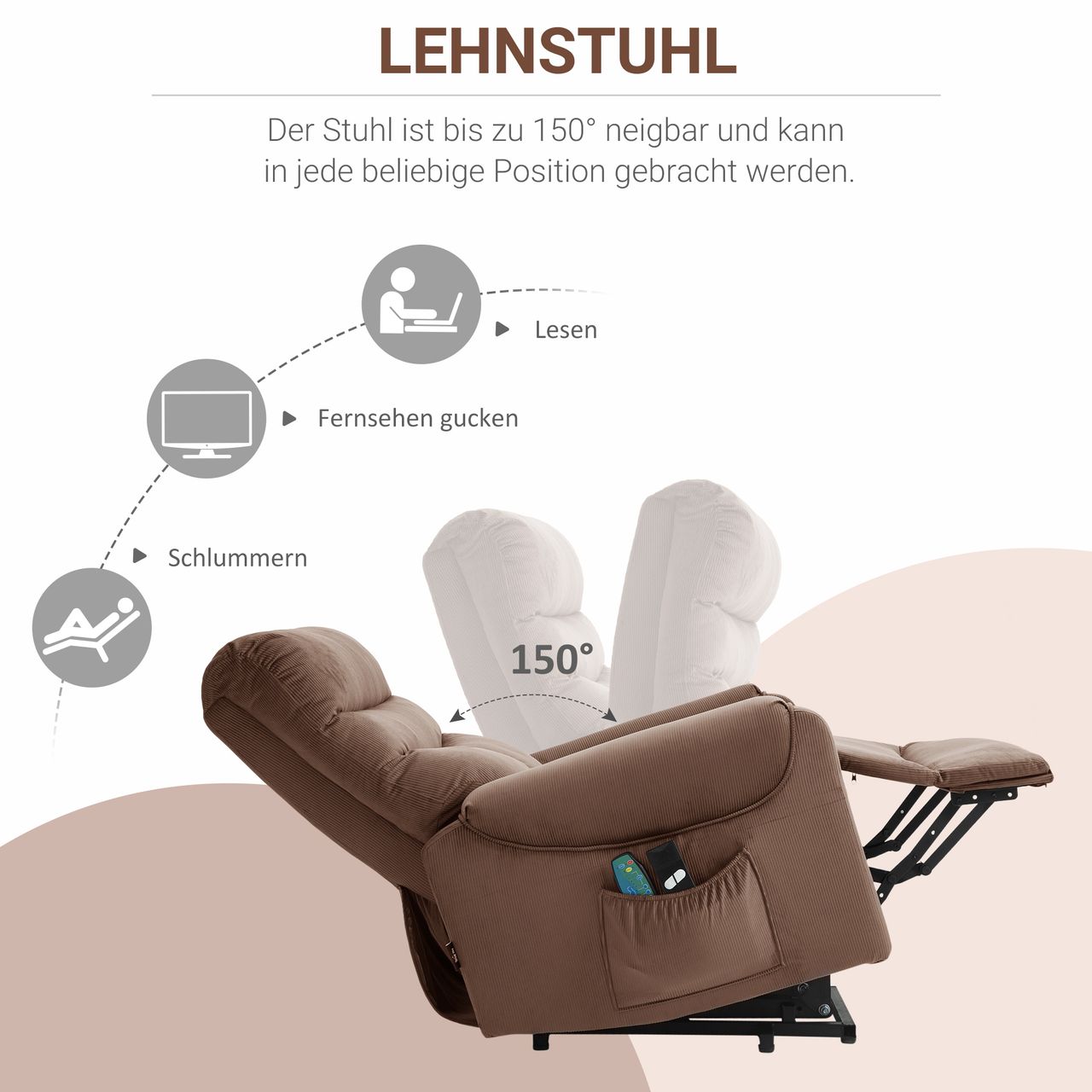 HOMCOM Fernsehsessel mit Massagefunktion Aufstehhilfe Fernbedienung Heizung elektrisch Liegefunktion Polyester-Gewebe Metall Hellbraun 79 x 97 x 103 cm