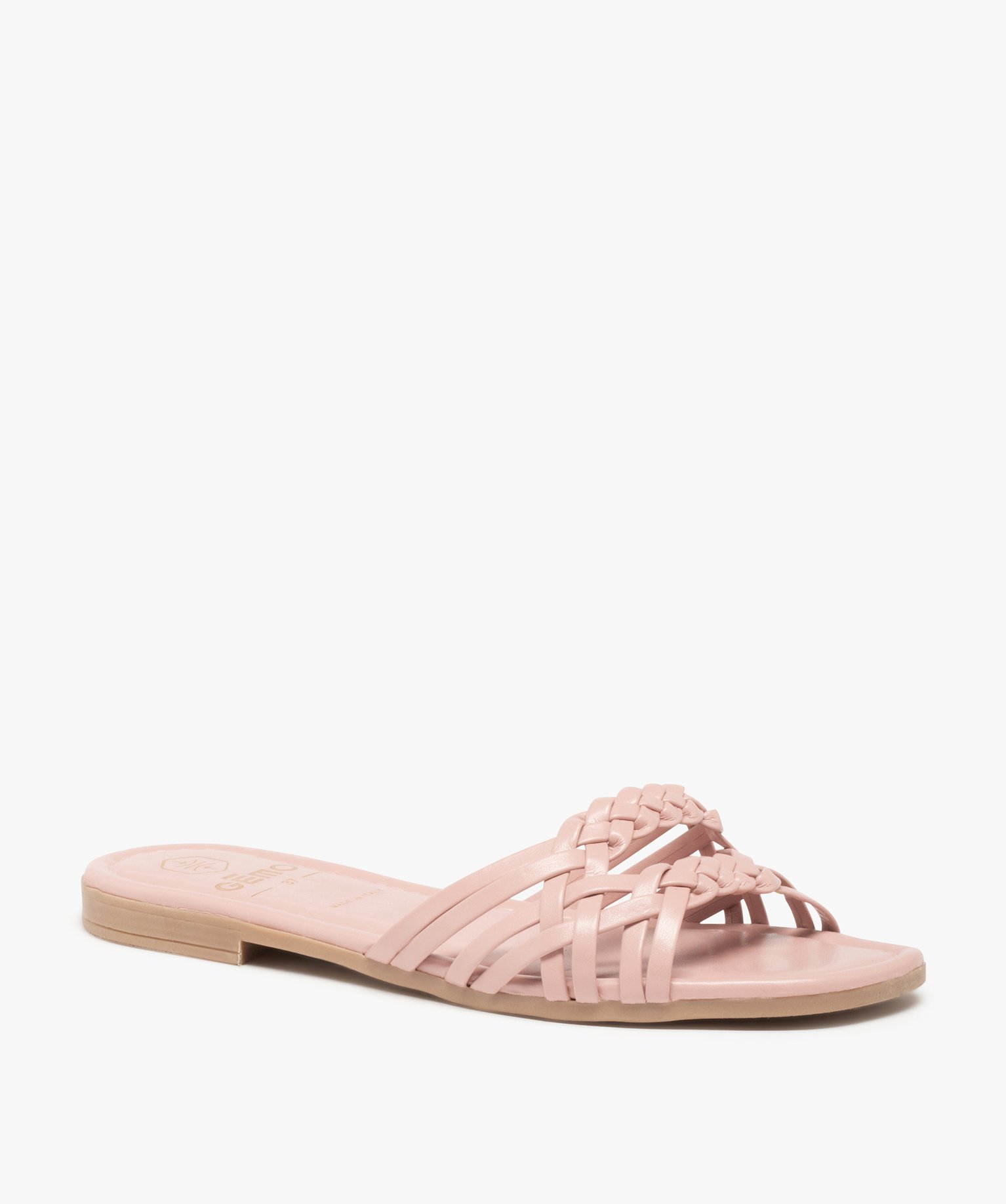Mules femme à talon plat et fines brides tressées rose | GEMO