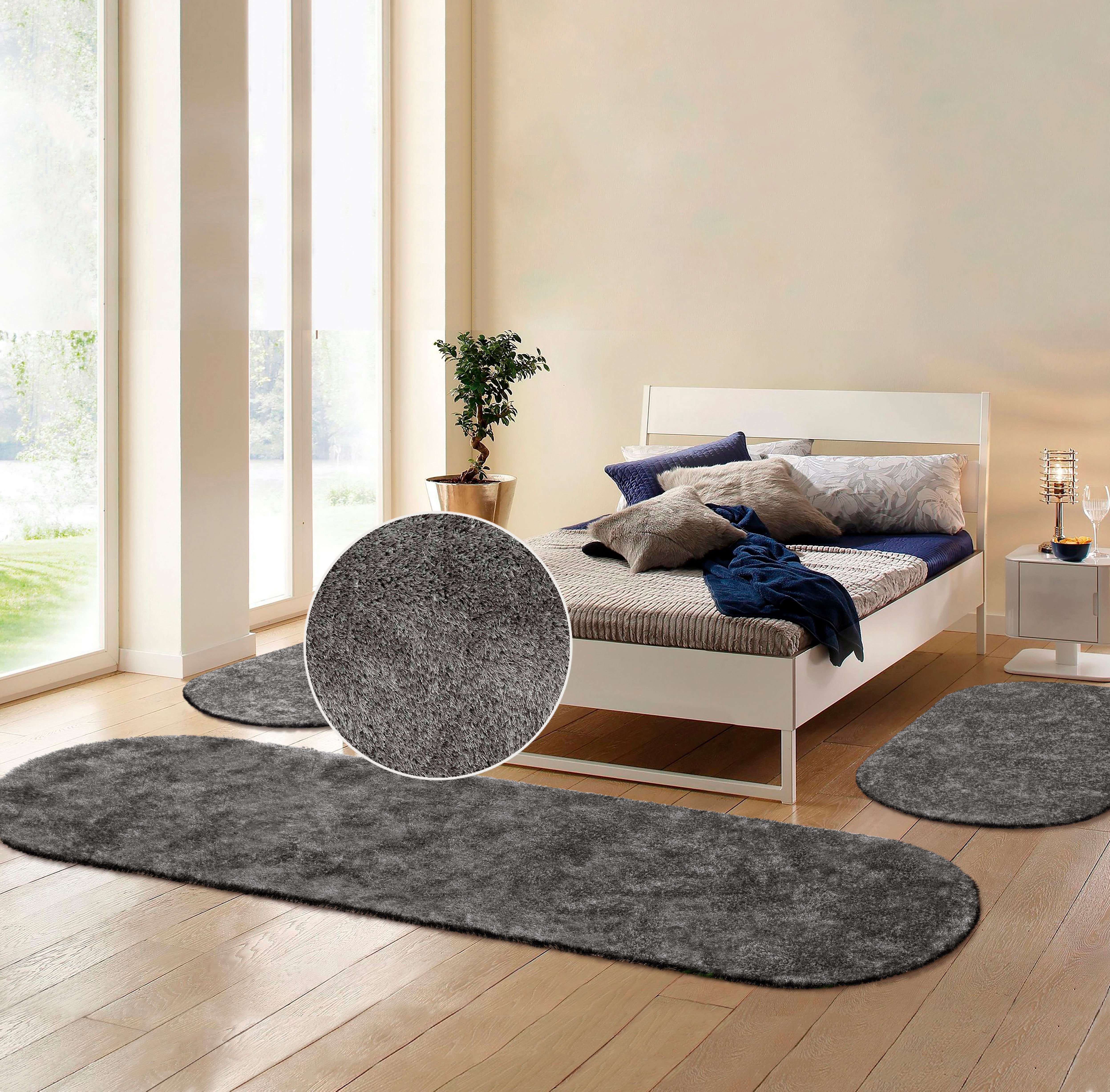 Hochflor-Bettumrandung Dana Teppich Bruno Banani, Höhe 30 mm, (3-tlg), unifarben, Mikrofaser, pflegeleicht, Bettvorleger, Schlafzimmer