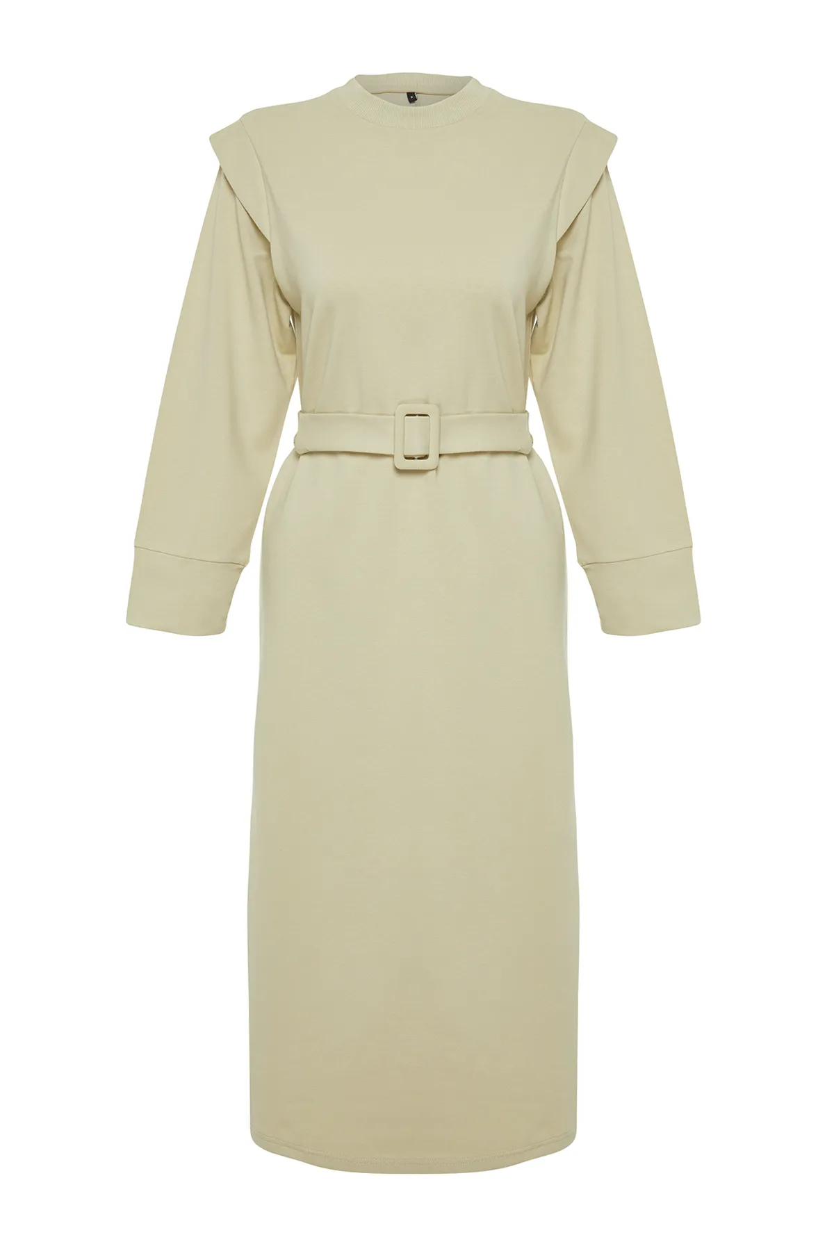 Trendyol Modest  Hellkhakifarbenes Strickkleid mit Gürtel und Schulterdetail TCTSS24EB00120