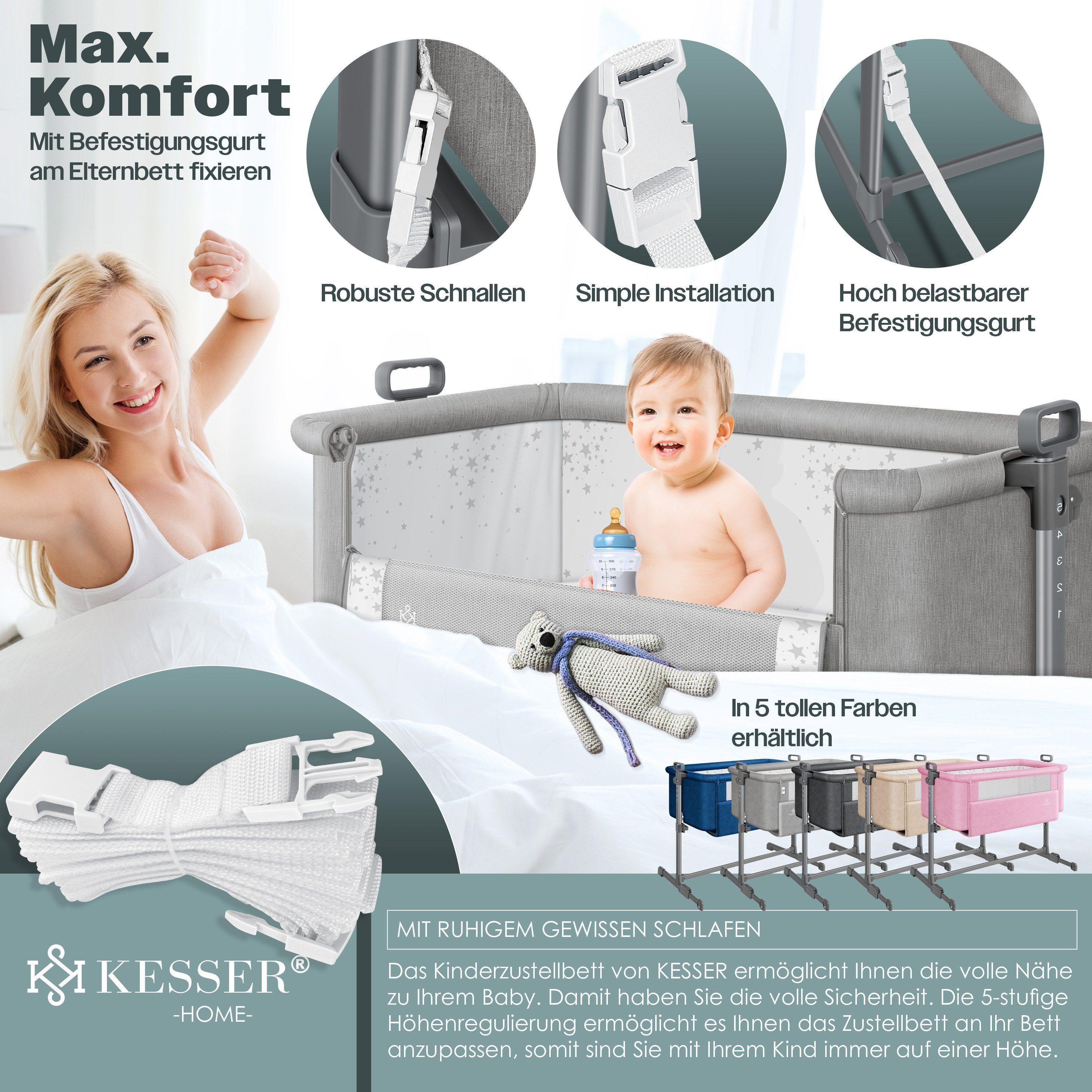 KESSER Kinderbett, Zustellbett Hubi 3in1 Baby Beistellbett Reisebett Babybett