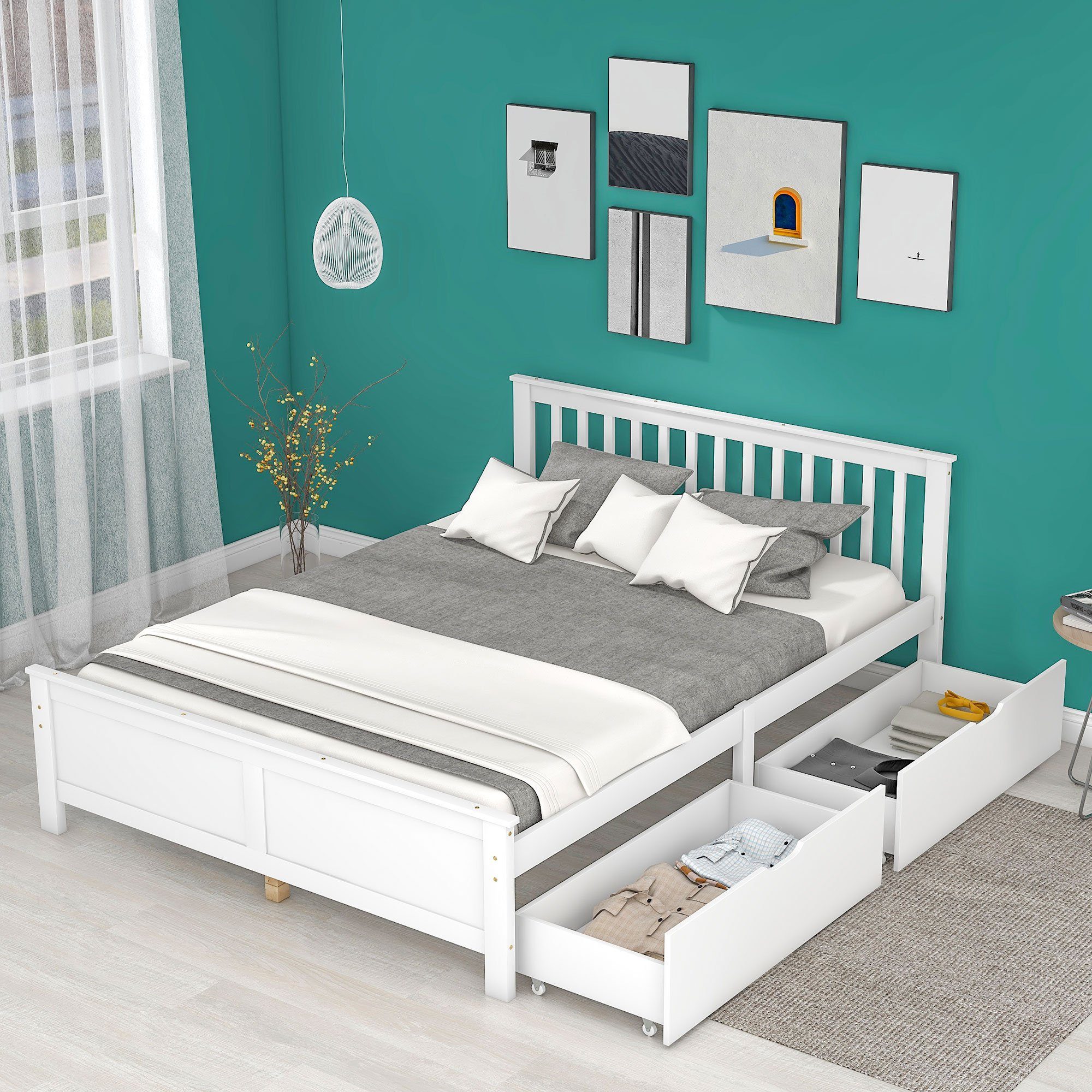Fangqi Massivholzbett 140x200 großes Doppelbett mit Schubladen, Jugendbett mit Kiefernrahmen, mit zwei Bettschubladen
