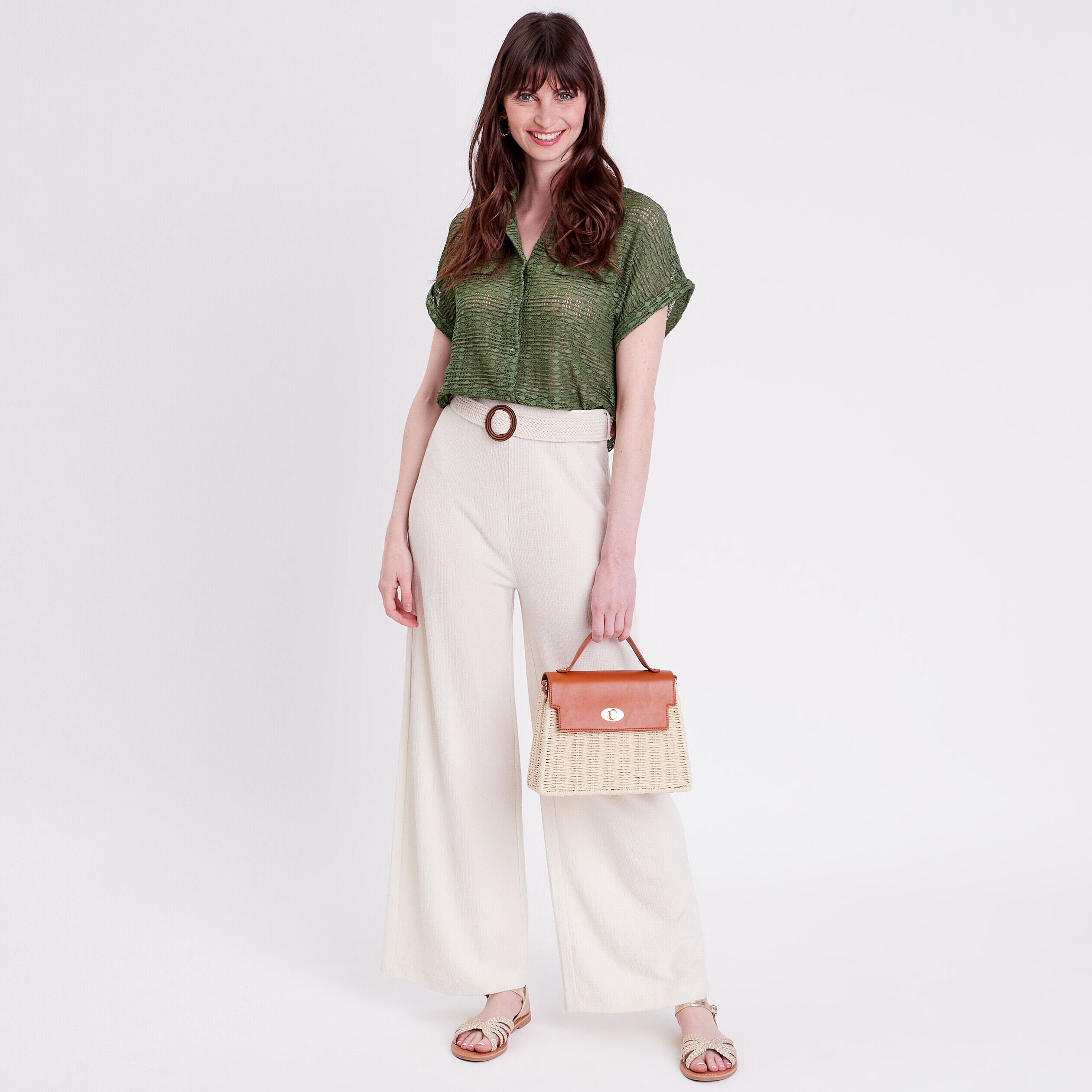 Blouse manches courtes ajourée vert foncé femme | Cache Cache
