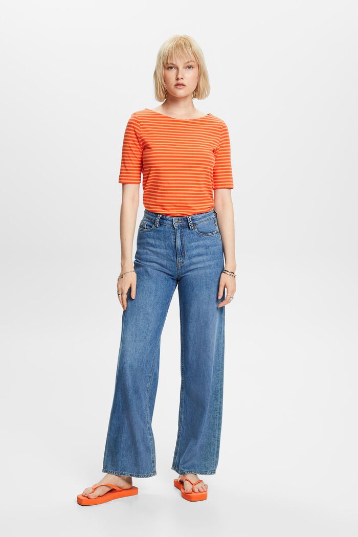 Gestreiftes Baumwoll-T-Shirt mit U-Boot-Ausschnitt