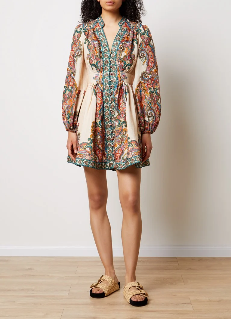 Zimmermann Ottie linen mini dress with paisley pattern and balloon sleeves