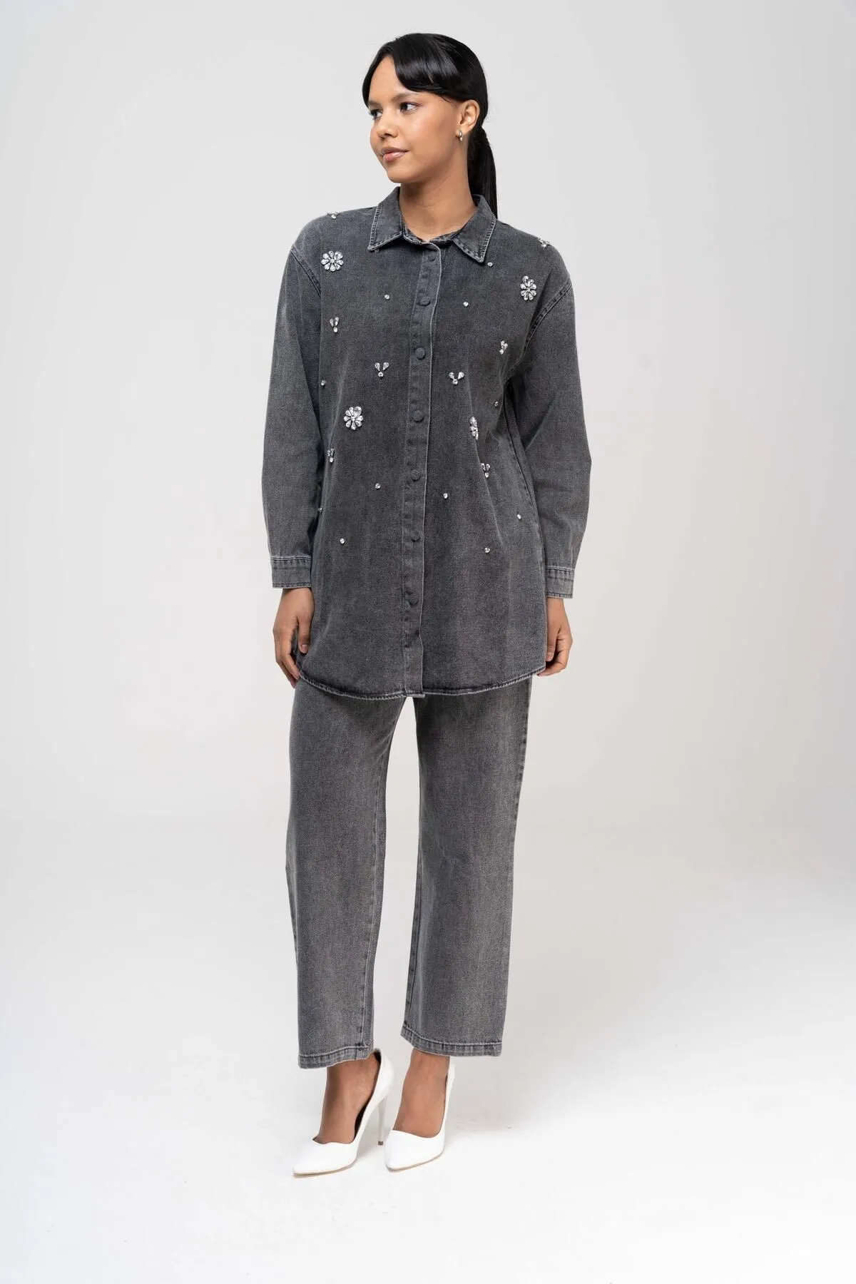 Olcay  Tuniği Jeansanzug mit Steinerbsen und Hose mit elastischer Taille ANTHRAZIT 9225-TK