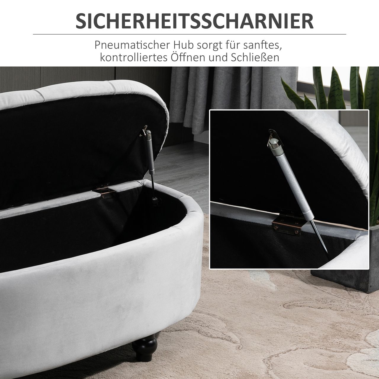 HOMCOM Sitzbank Sitzhocker Sitztruhe Aufbewahrungsbox Fußbank mit Stauraum geöffnetem Deckel für Schlafzimmer Velvet-Touch Gummiholz Grau 120 x 46 x 42 cm