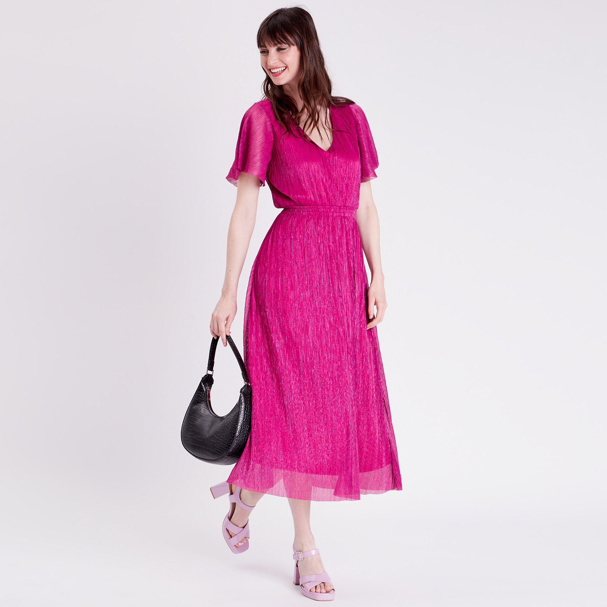 Robe longue évasée plissée rose framboise femme | Cache Cache
