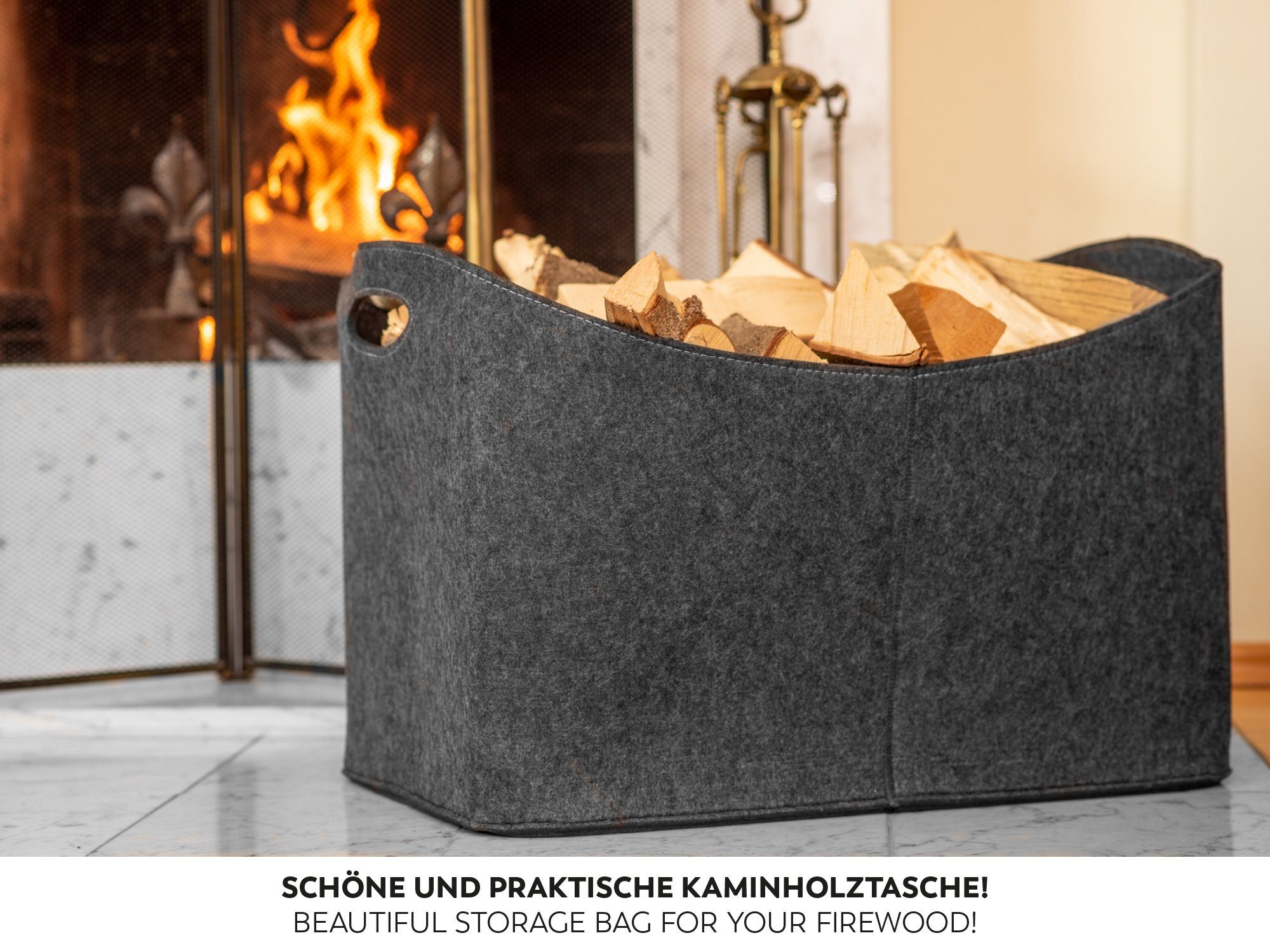 RUBBERNECK Aufbewahrungskorb Kaminholztasche Groß 3XL Filz für Kaminholz, Zeitungen - 63x40x42 cm