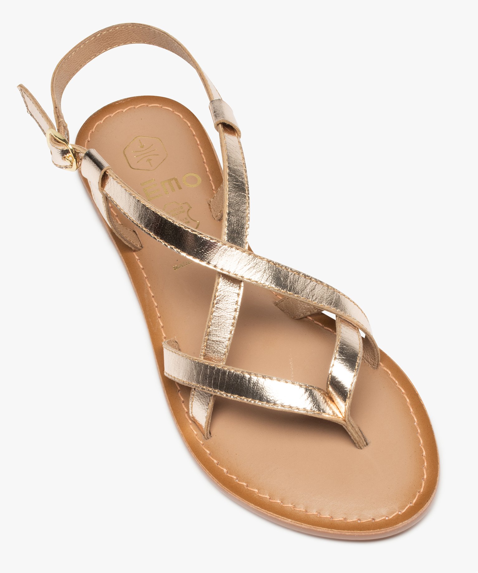 Sandales femme à talon plat et brides fines en cuir uni or | GEMO