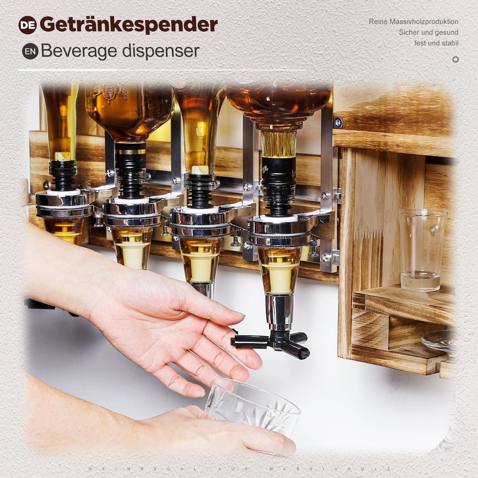 Yorbay Weinregal Weinregal aus Holz, Wandbar mit 4 Getränkespender, Wandmontage Wand Flaschenhalter Vintage Stil