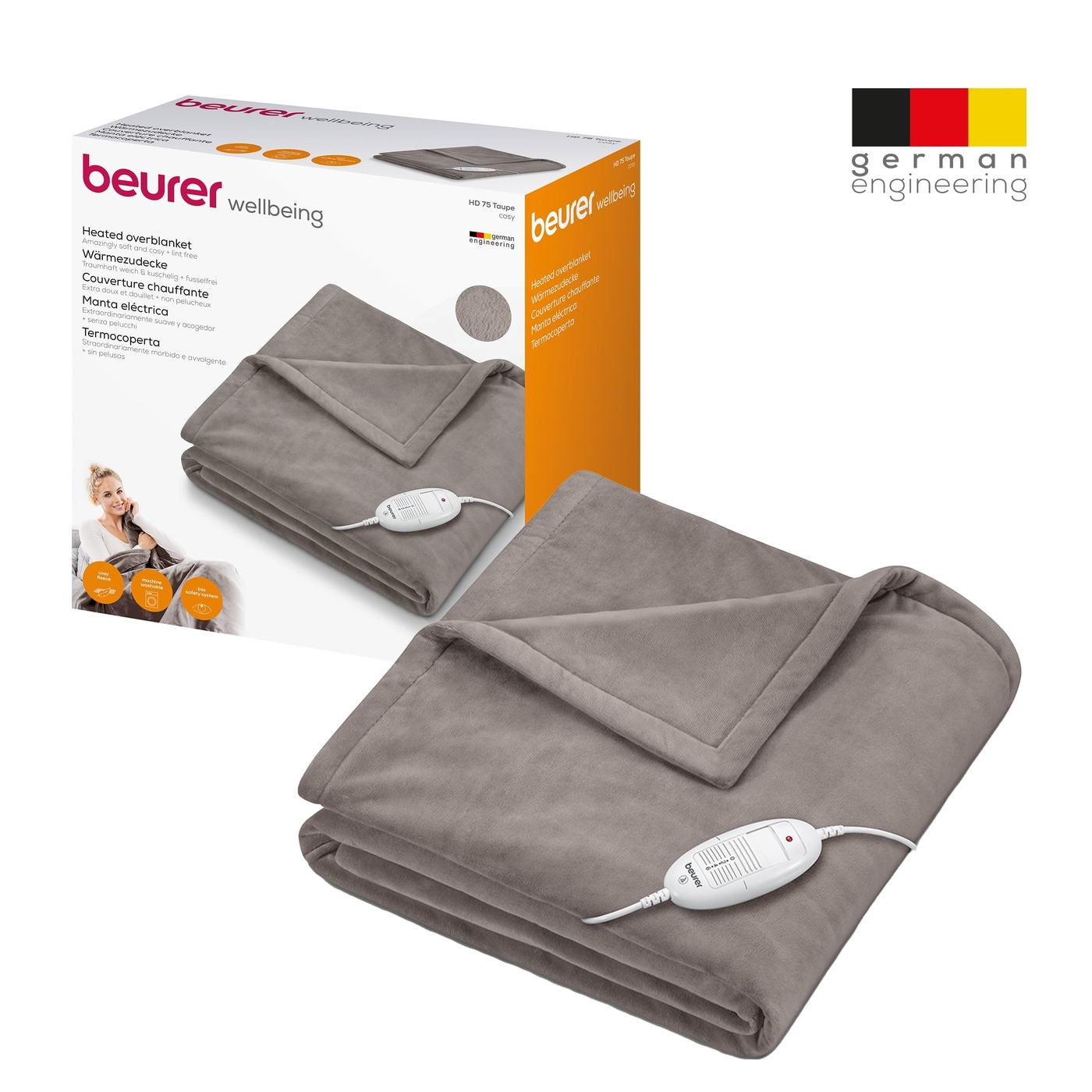 Beurer Wärmezudecke HD 75 Cosy Taupe-Atmungsaktive Heizdecke mit anschmiegsamer Flauschfaser