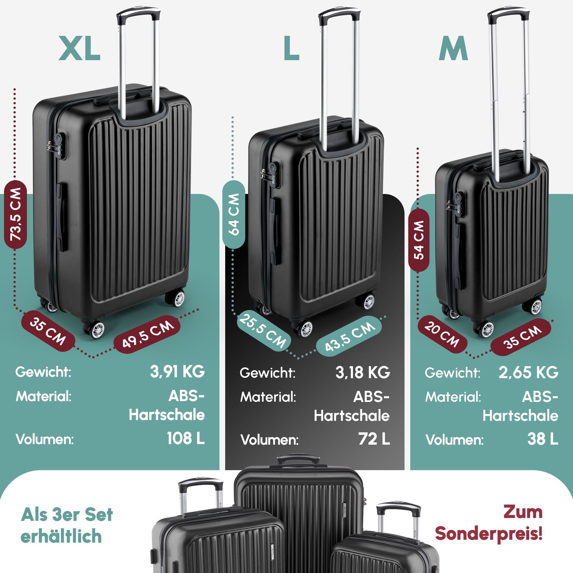 Easy Move Hartschalen-Trolley Ace 026, Reisekoffer mit 4 Rollen, 360° Rollen, 3 tlg. Set M-L-XL