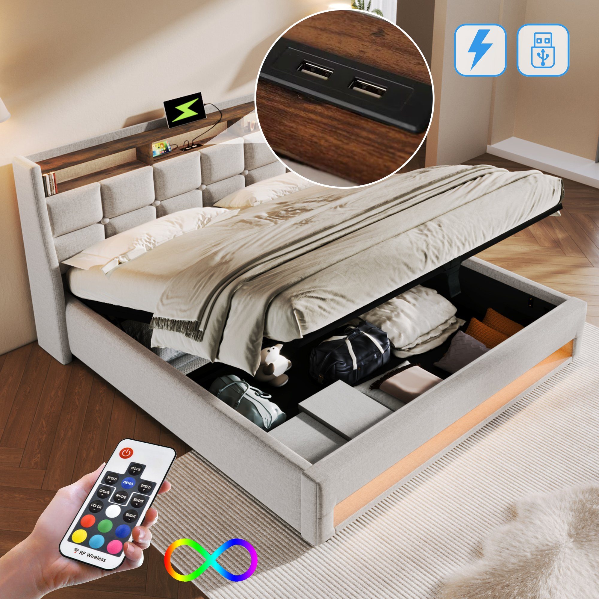 WISHDOR Polsterbett Bett (LED Doppelbett Jugendbett mit USB/Typ-C Ladeanschluss), 180x200cm,Ohne Matratze