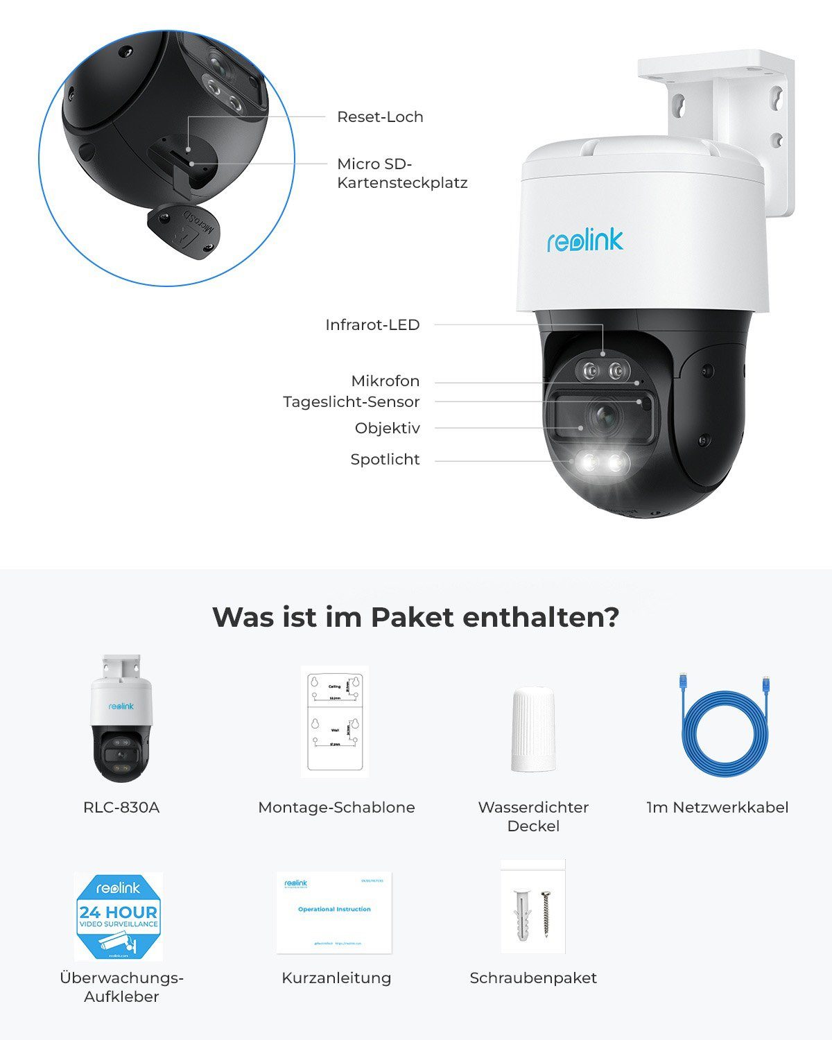 Reolink 4K Pan-Tilt mit Smarte Auto-Tracking T81 Überwachungskamera (Außenbereich, Innenbereich, Strom und Netzwerk-Verbindung über Ethernet-Kabel, Personen-/Fahrzeugerkennung, Haustiererkennung, Zwei-Wege-Audio, 4K 8MP)