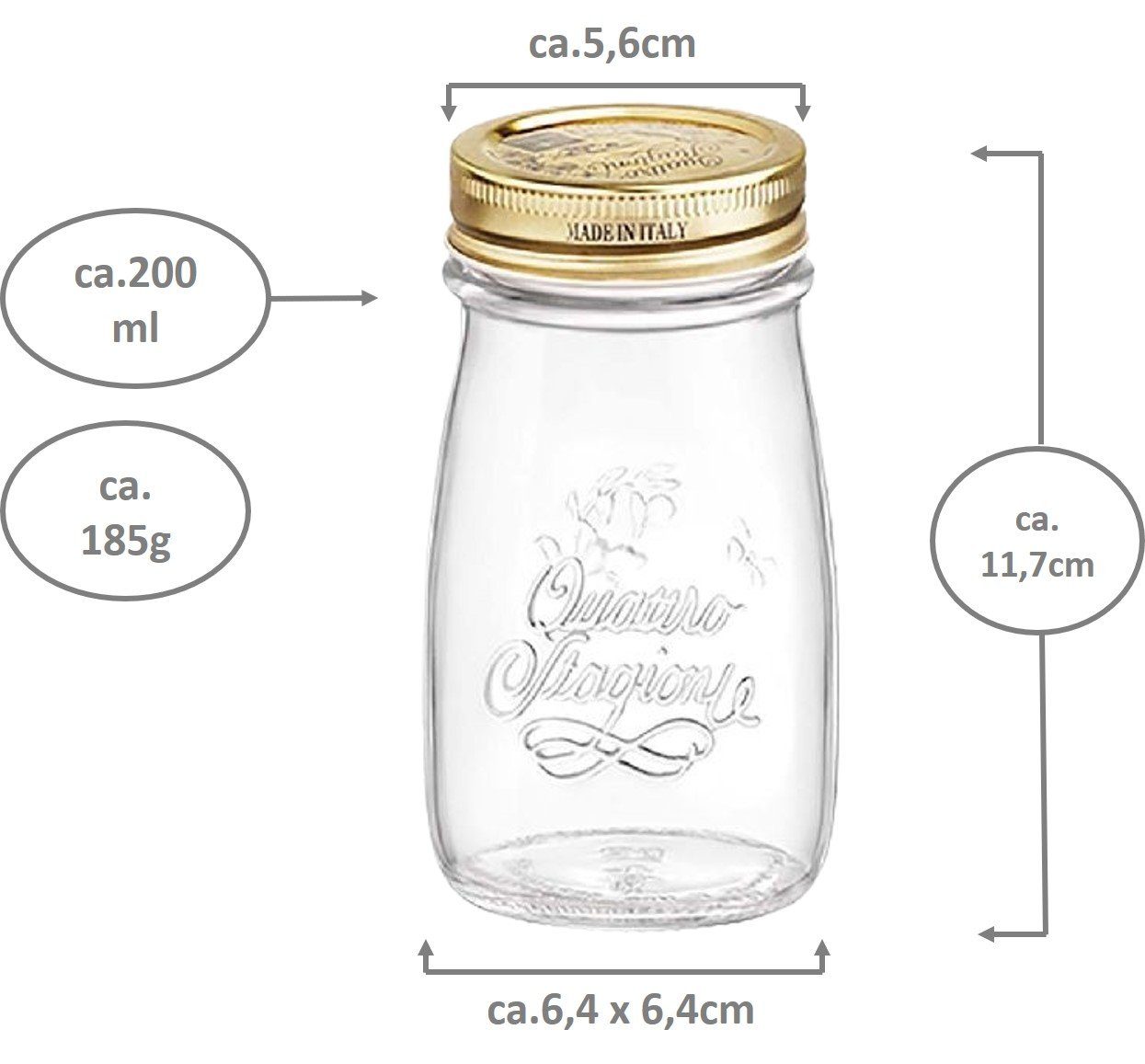 Emilja Joghurtgläser Joghurtglas, Einkochglas Quattro Stagioni 0,2L - 6 Stück mit Deckel, (Set)