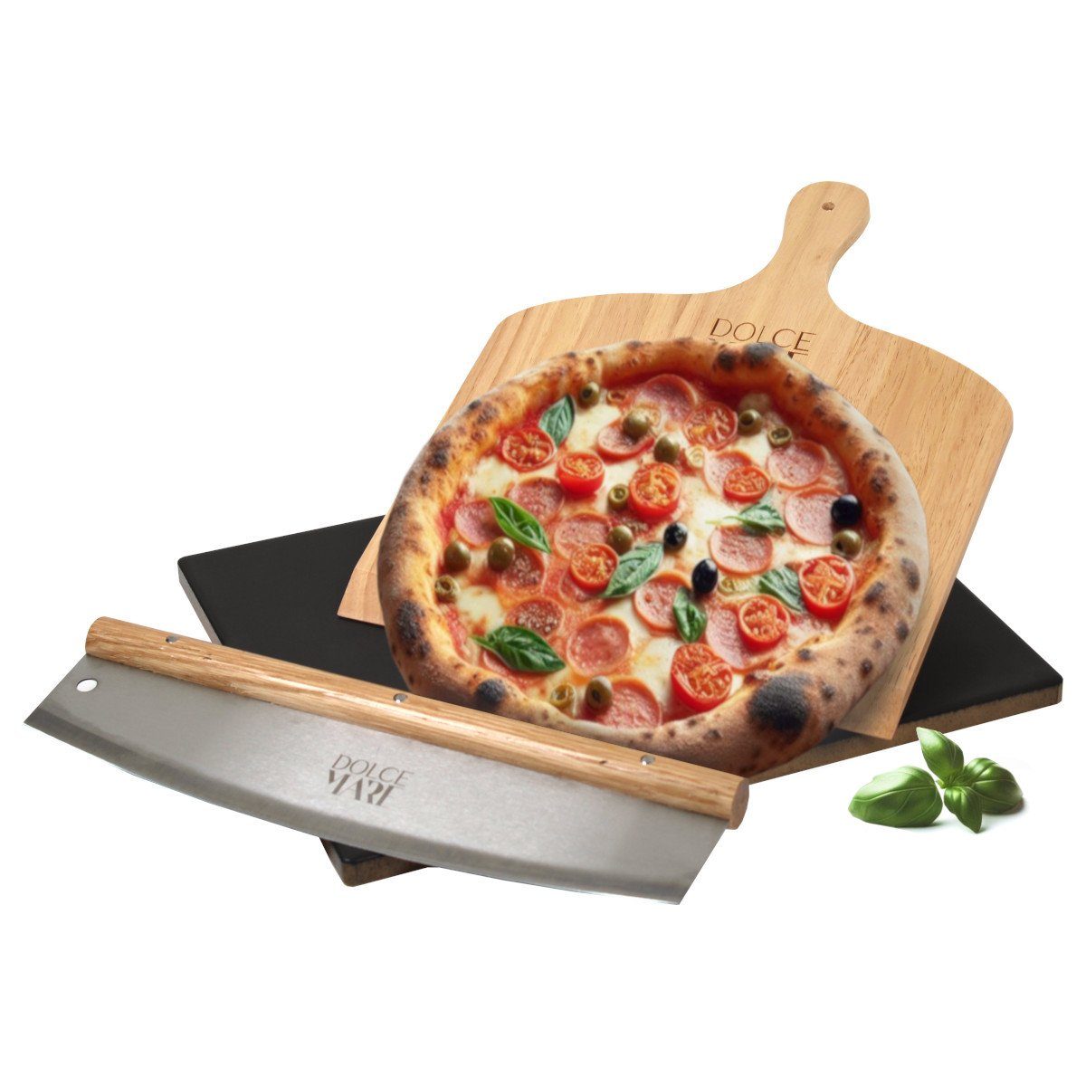 Pizzastein Set schwarz Holz Pizzaschieber Edelstahl Pizzaschneider