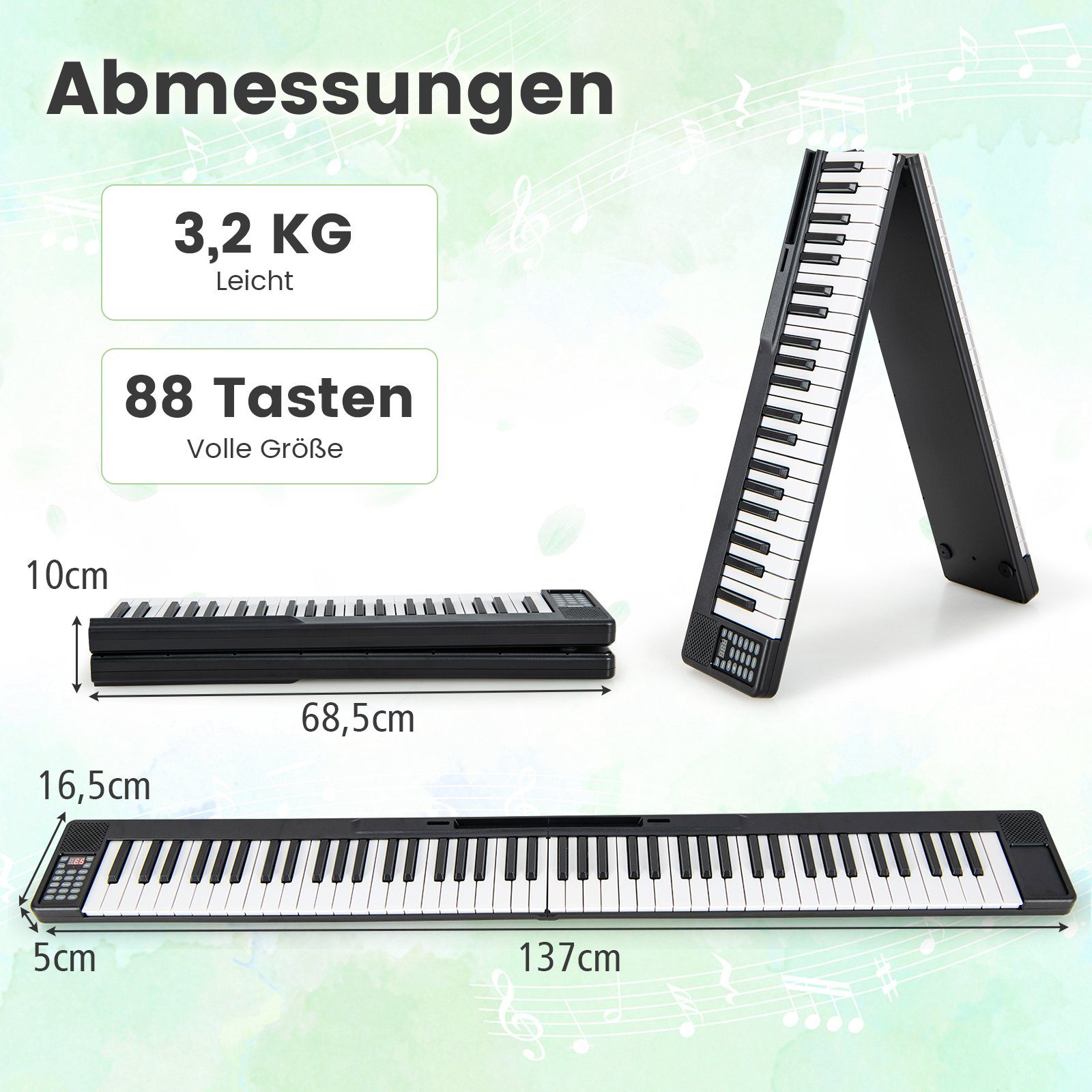 COSTWAY Home Keyboard, faltbar, 88 Tastatur, Bluetooth, mit Tragetasche